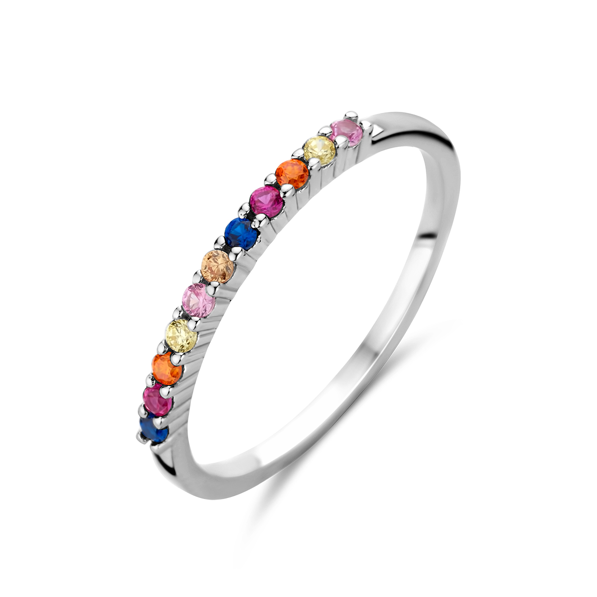 Gerhodineerd 925 zilveren aanschuifring uitgevoerd met diverse kleuren zirkonia. De ring heeft een breedte van 1.5mm.