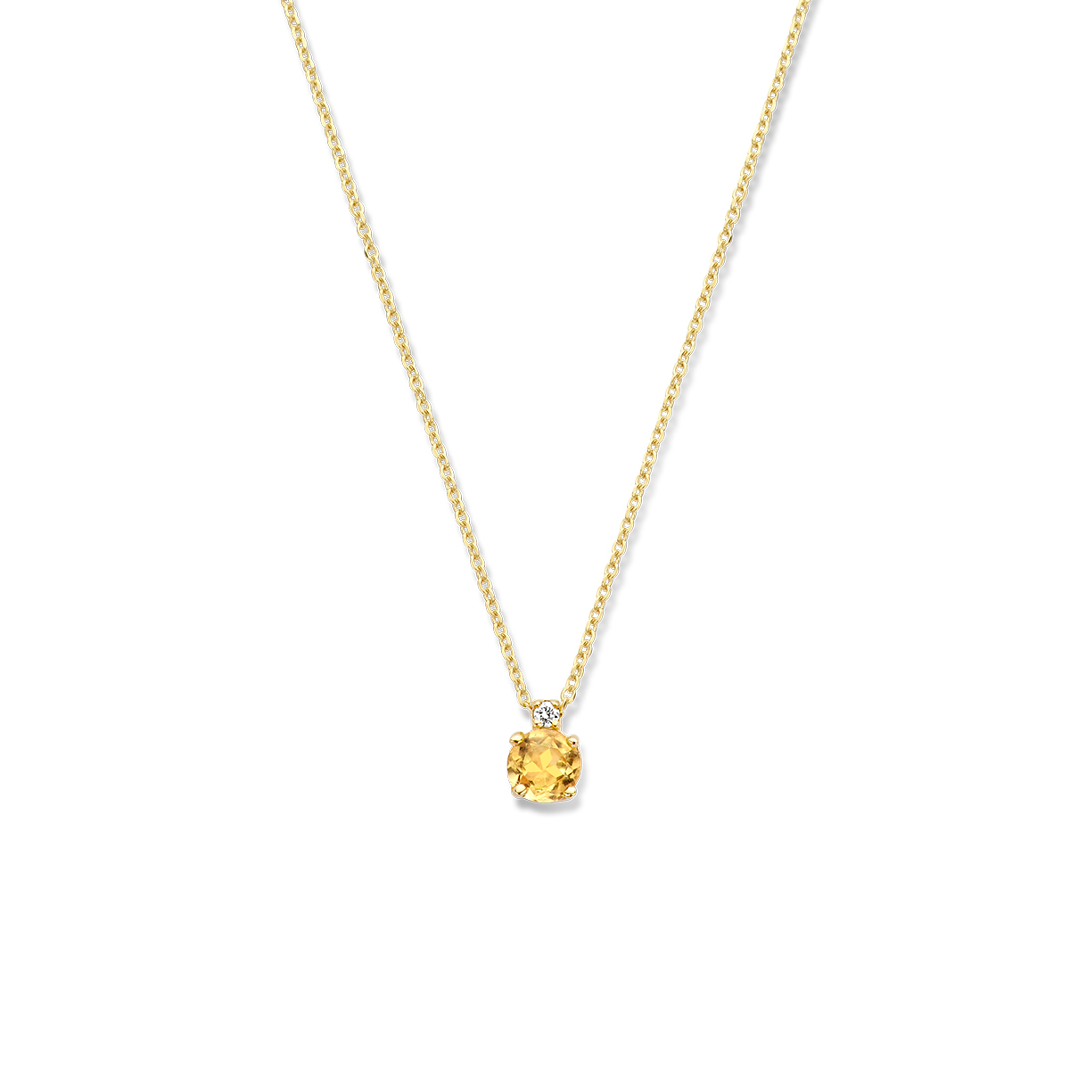 14k Geelgouden collier uitgevoerd met een schitterende citrien en diamant. Het collier heeft een draaglengte van 40cm. Het hangertje heeft een afmeting van 5.5x4mm.