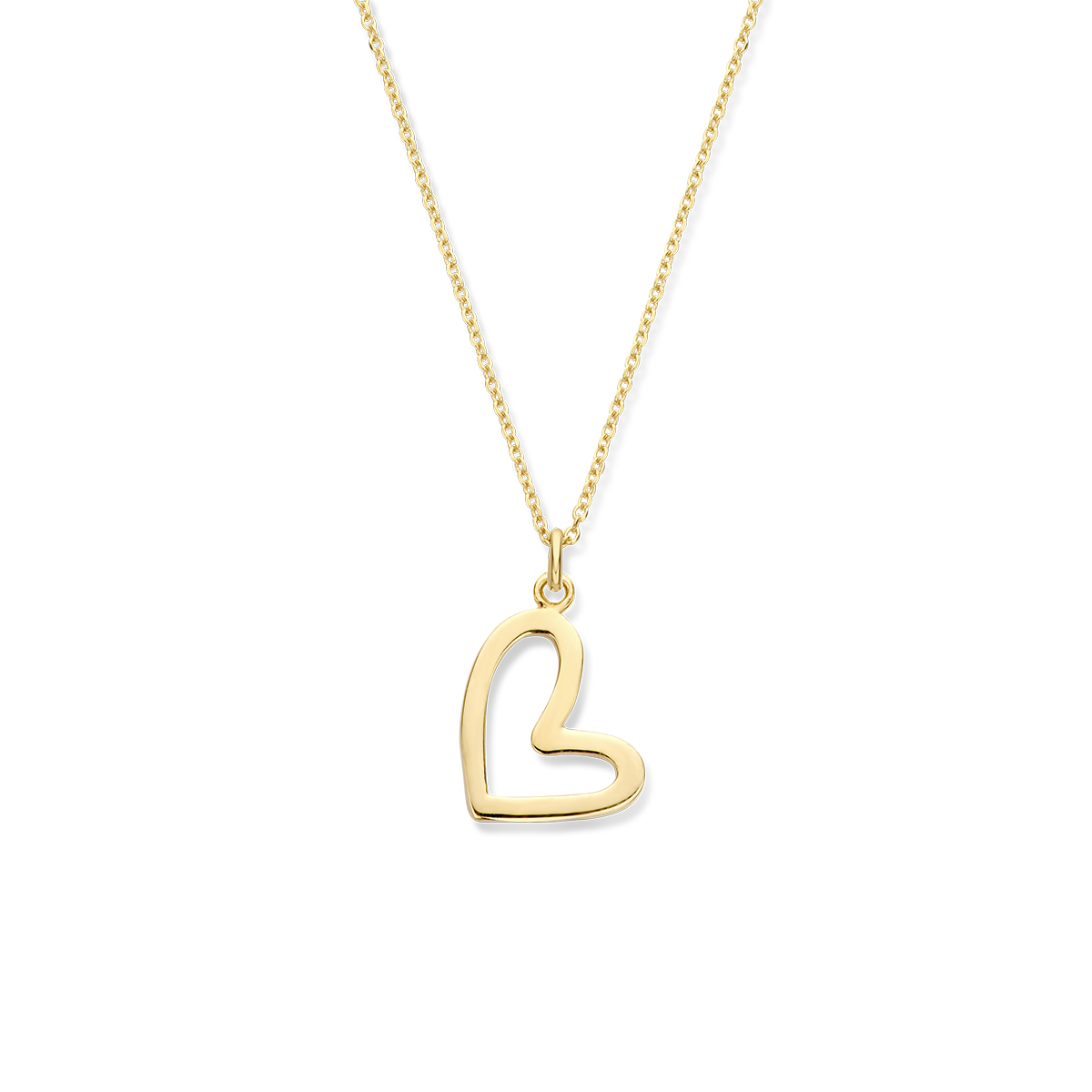 Geelgoud op 925 zilveren anker collier uitgevoerd met een open hartje en een stevige karabijn sluiting. Het collier heeft een draaglengte van 41cm en een extensie van 4cm. Geen garantie op plating.