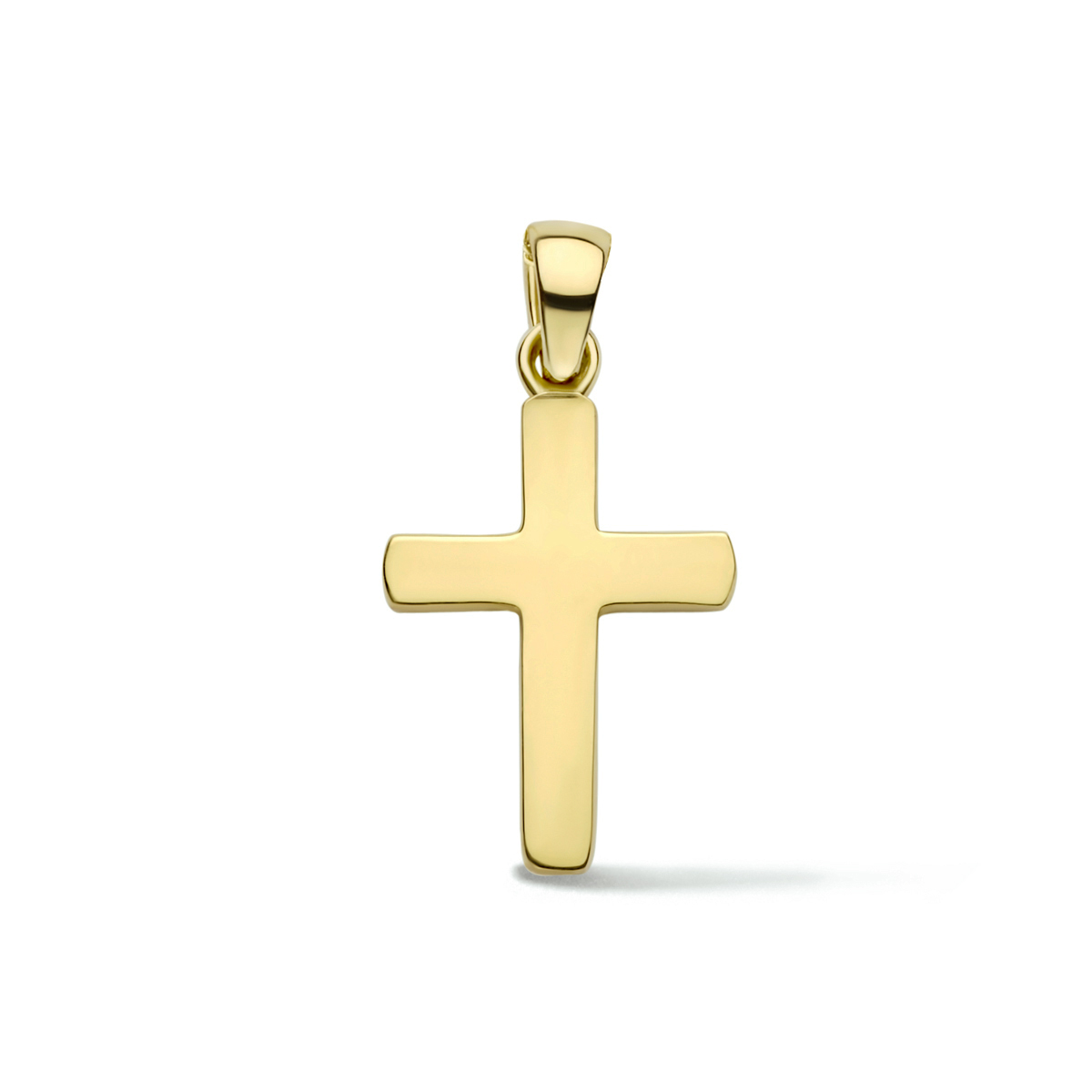 14k Geelgouden hanger uitgevoerd in de vorm van een kruis. Het kruis heeft een afmeting van 15.5x11mm.