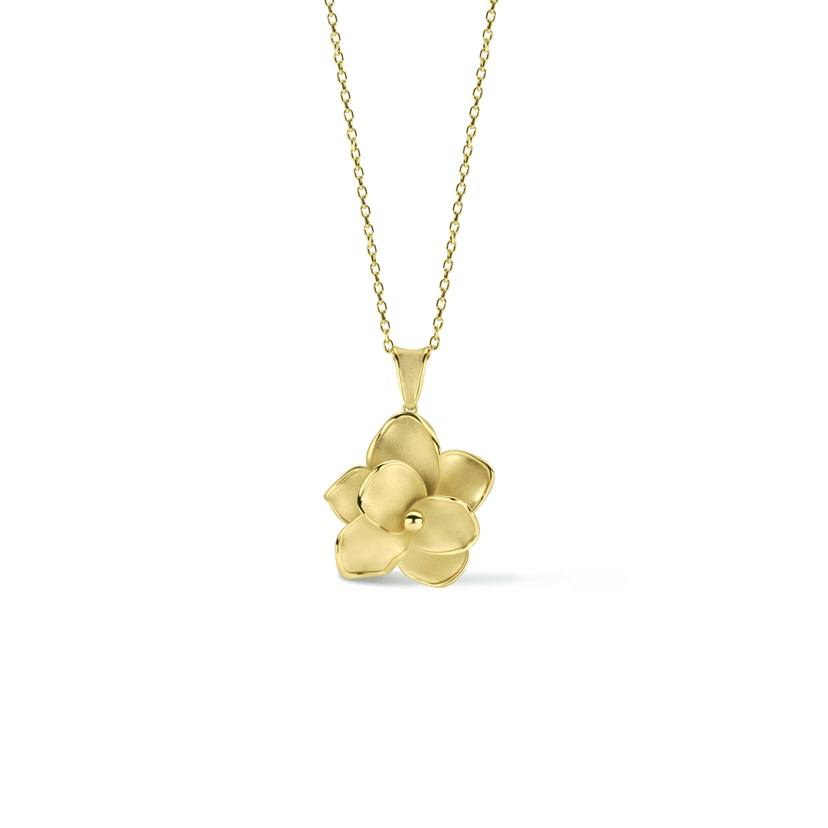 14k Geelgouden collier uitgevoerd met een hanger in de vorm van een bloem en een karabijn sluiting. Het collier heeft draaglengtes van 42 en 45cm.