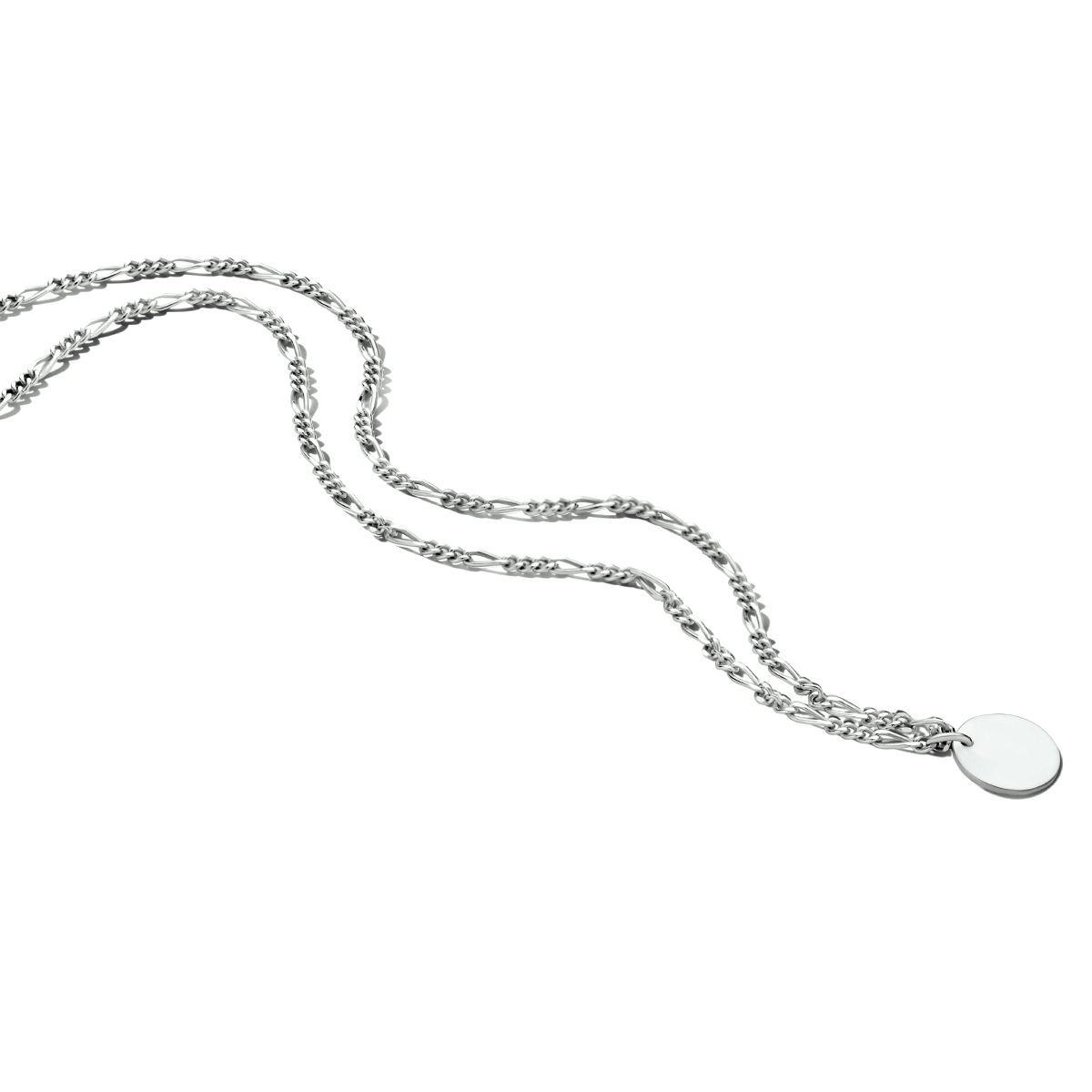 Gerhodineerd 925 zilveren figaro collier uitgevoerd met een ronde hanger en een stevige karabijn sluiting. Het collier heeft een draaglengte van 40cm met een extensie van 5cm. De hanger heeft een diameter van 10mm.