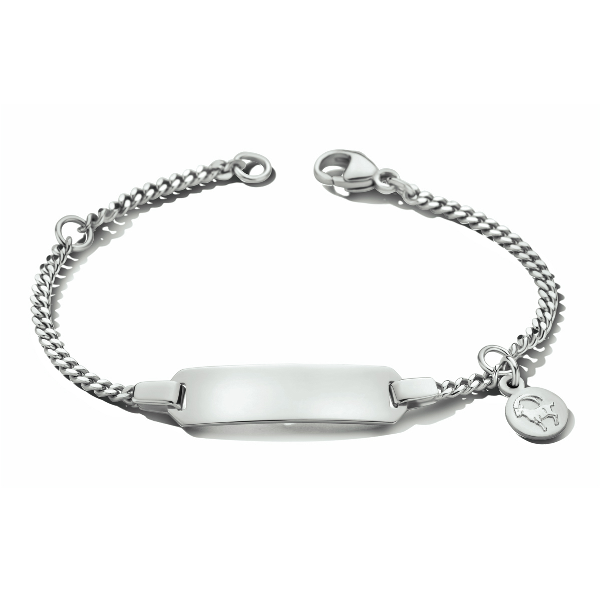 Gerhodineerd 925 zilveren graveerarmband uitgevoerd met een sterrenbeeld hanger en een stevige karabijn sluiting. De armband heeft draaglengtes van 16 en 18cm.