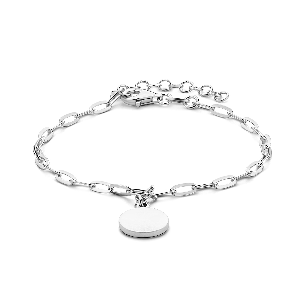Gerhodineerd 925 zilveren armband uitgevoerd met een 10mm ronde hanger en een karabijn sluiting. De armband heeft een draaglengte van 16cm en een extensie van 3cm.