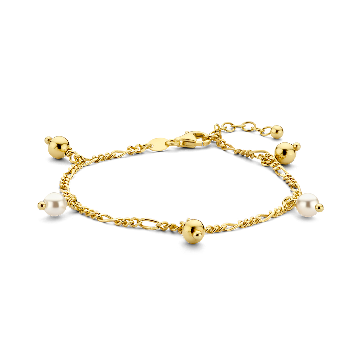 Geelgoud op 925 zilveren armband uitgevoerd met zoetwaterparels. De armband heeft een draaglengte van 16cm met een extensie van 2cm en een stevige karabijn sluiting. Geen garantie op plating.