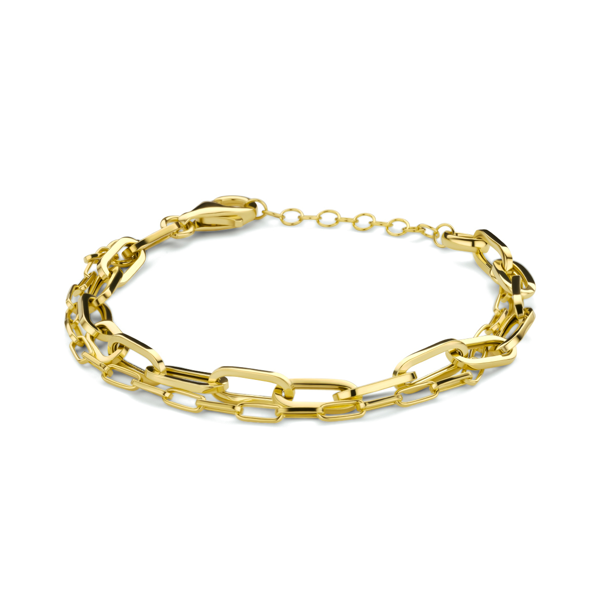 Geelgoud op 925 zilveren paperclip armband met 2 rijen en schakelbreedtes van 2.7 en 5mm. De armband heeft een draaglengte van 16cm met een extensie van 3cm en een karabijn sluiting. Geen garantie op plating.
