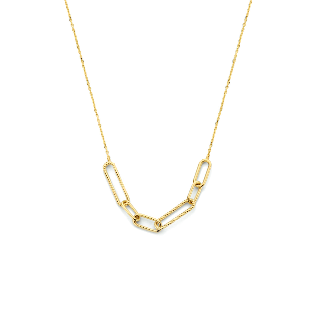 14k Geelgouden collier met een anker schakel van 0.8mm en een paperclip schakel van 4mm. Het collier heeft draaglengtes van 40, 42 en 44cm.