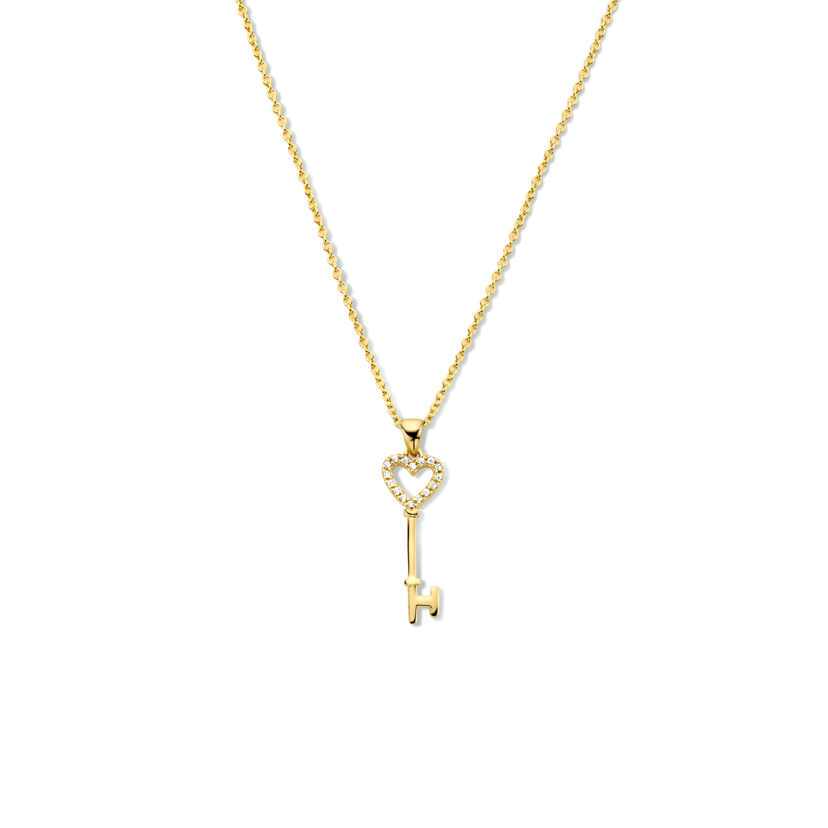 Geelgoud op 925 zilveren collier uitgevoerd met een sleutel en zirkonia. Het collier heeft een draaglengte van 40cm met een extensie van 4cm en een karabijn sluiting. Geen garantie op plating.