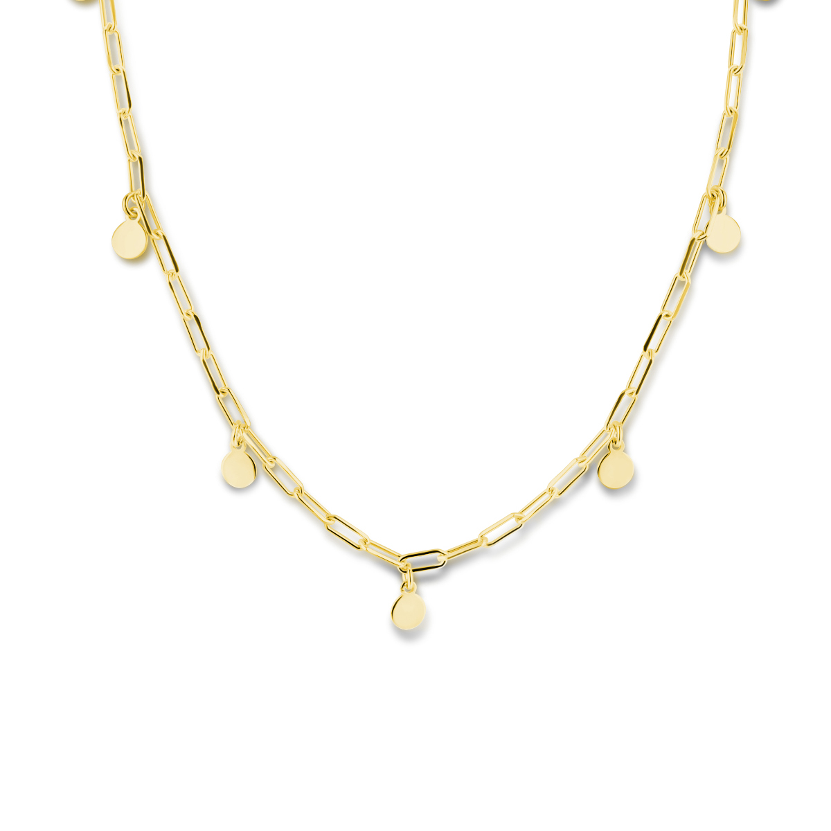 Geelgoud op 925 zilveren collier uitgevoerd met ronde hangers van 5mmen een karabijn sluiting. Het collier heeft een draaglengte van 41cm en een extensie van 3cm. Geen garantie op plating.