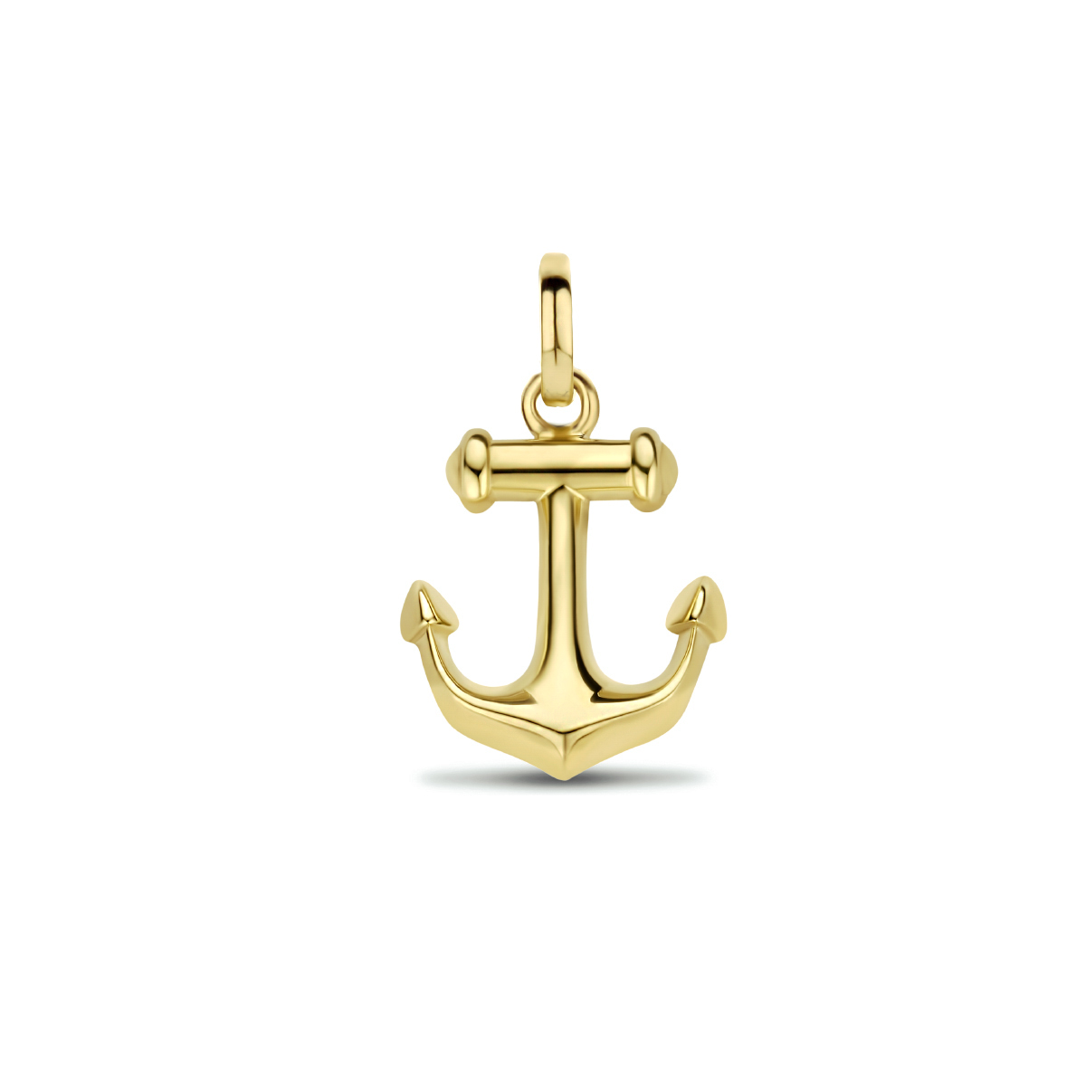 Geelgoud 925 zilveren hanger in de vorm van een anker. Het anker heeft een afmeting van 15.5x11.5mm. Geen garantie op plating.