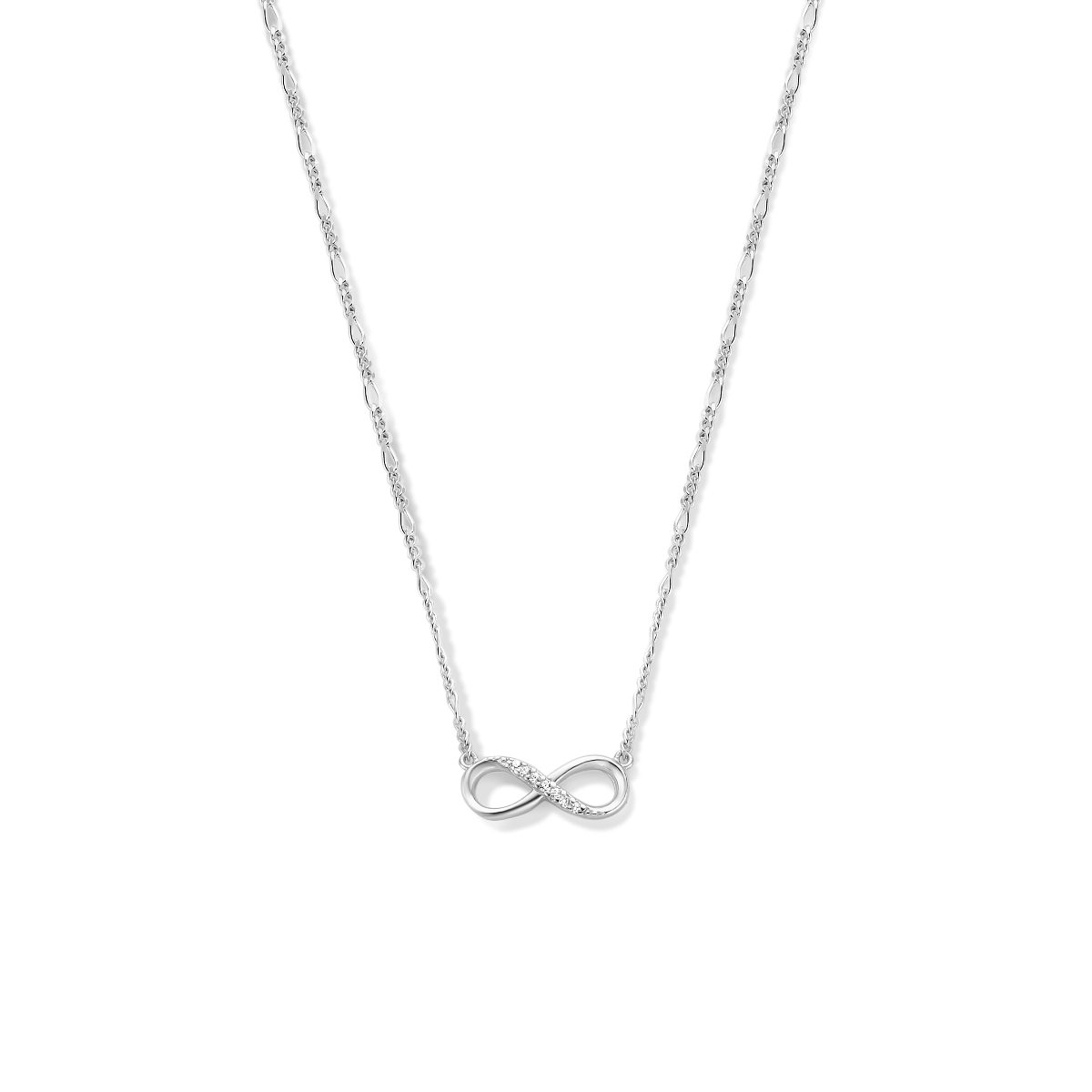 Gerhodineerd 925 zilveren figaro collier met een infinity hanger. Het collier heeft een draaglengte van 41cm en een extensie van 4cm.