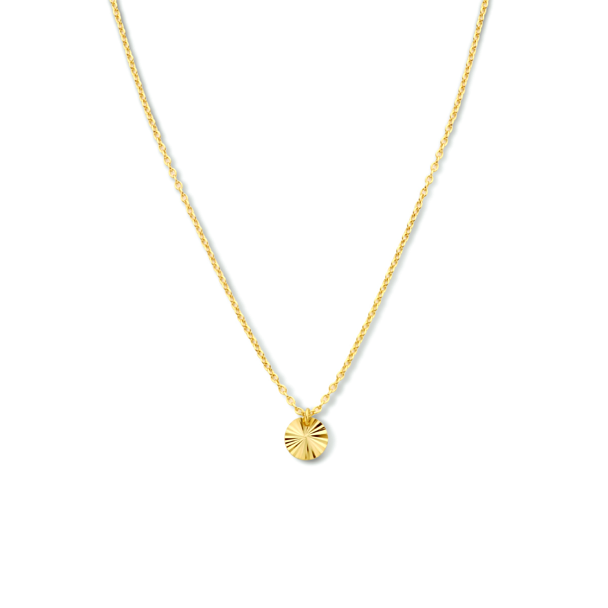 Geelgoud op 925 zilveren collier uitgevoerd met een ronde hanger met een gediamanteerde afwerking. Het collier heeft draaglengtes van 40, 42 en 44cm. De hanger heeft een diameter van 7mm. Geen garantie op plating.