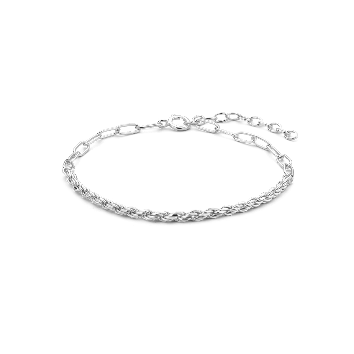 Gerhodineerd 925 zilveren armband met een paperclip schakel van 2.8mm en een koord schakel van 2.3mm. De armband heeft een draaglengte van 16cm en een extensie van 3cm.