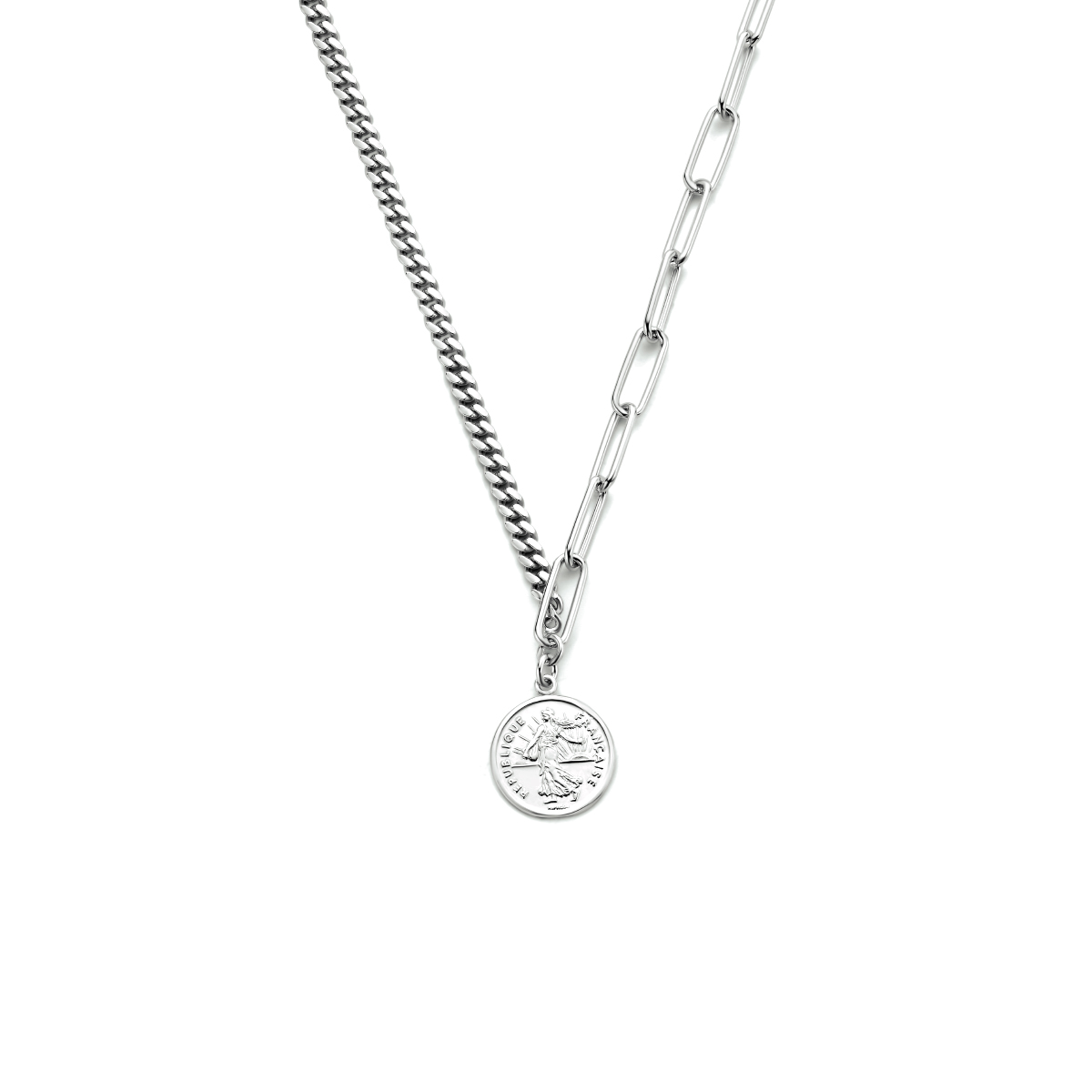 Gerhodineerd 925 zilveren collier met een paperclip schakel van 5.1mm en een gourmette schakel van 3.6mm. Het collier heeft een draaglengte van 42cm met een extensie van 3cm en een karabijn sluiting.