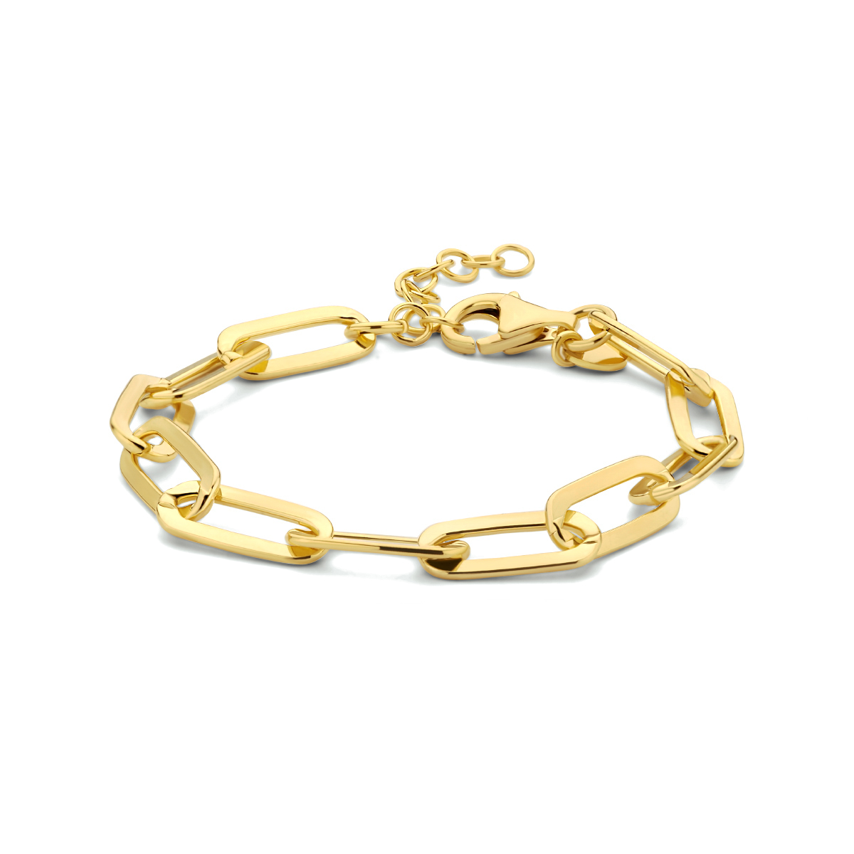 Geelgoud op 925 zilveren paperclip armband met een karabijn sluiting. De armband heeft een draaglengte van 16cm en een extensie van 3cm. Geen garantie op plating.