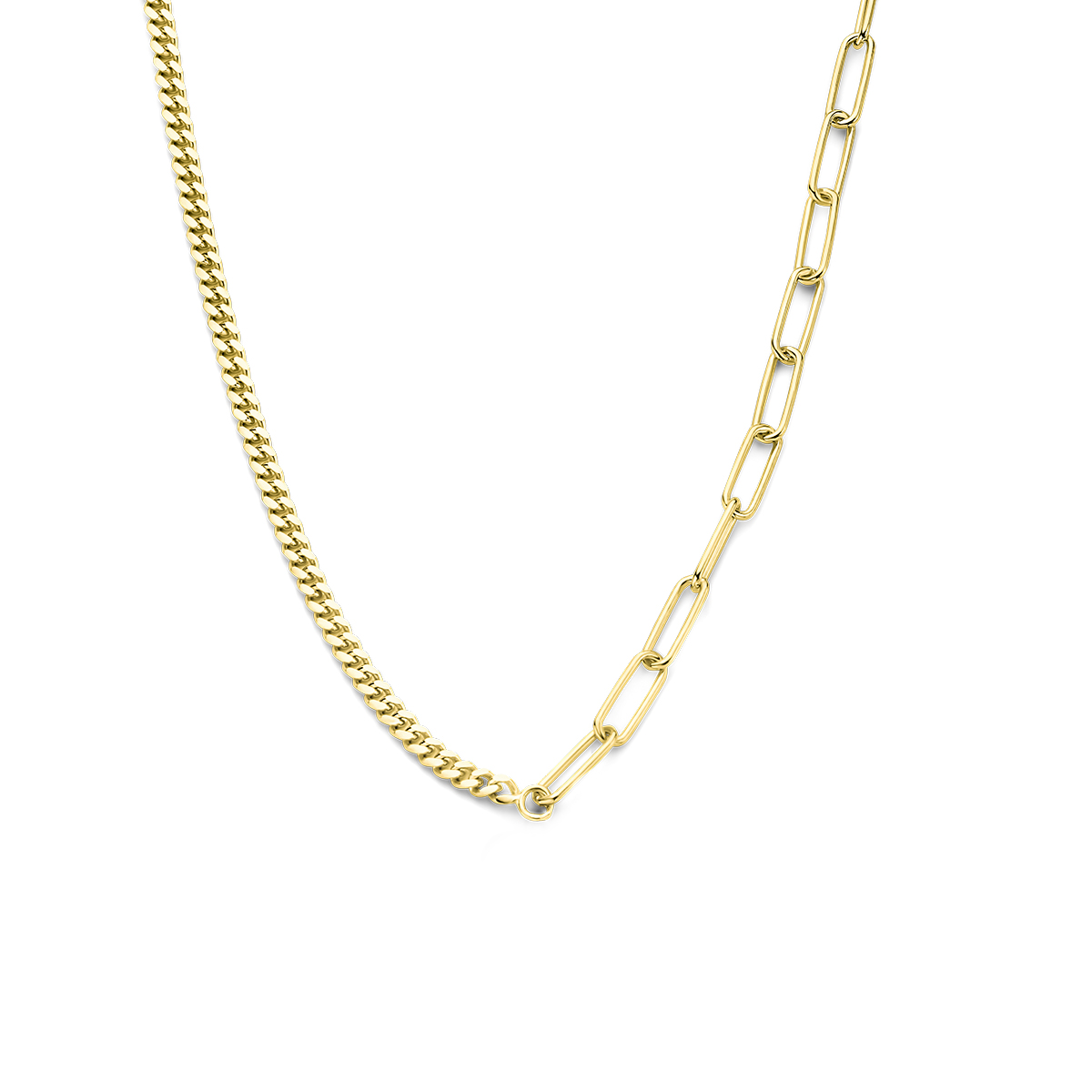 Geelgoud op 925 zilveren collier met een paperclip schakel van 5.1mm en een gourmette schakel van 3.6mm. Het collier heeft een draaglengte van 42cm en een extensie van 3cm. Uitgevoerd met een karabijn sluiting. Geen garantie op plating.