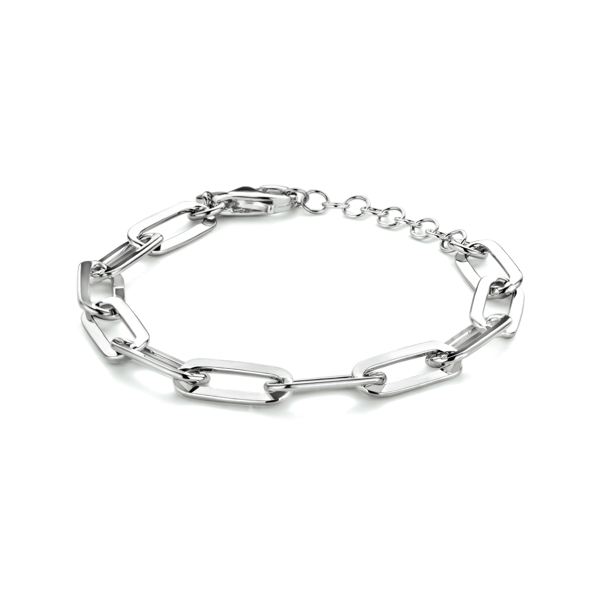 Gerhodineerd 925 zilveren paperclip armband met een karabijn sluiting. De armband heeft een draaglengte van 16cm en een extensie van 3cm.