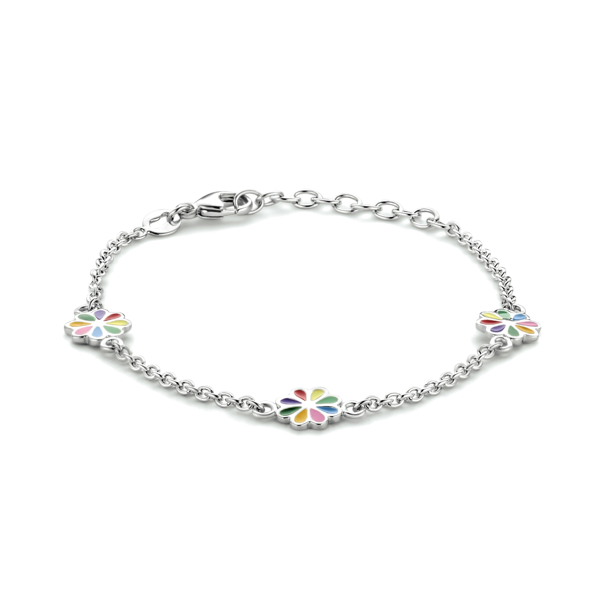 Gerhodineerd 925 zilveren anker armband uitgevoerd met 3 bloem hangers en een karabijn sluiting. De armband heeft een draaglengte van 14cm en een extensie van 3cm.
