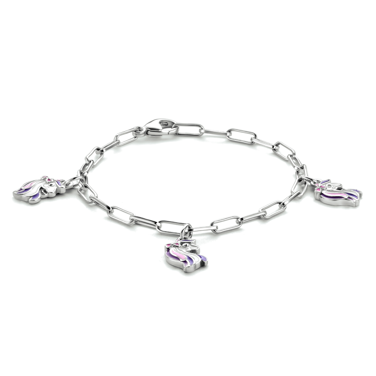 Gerhodineerd 925 zilveren armband uitgevoerd met 3 eenhoorn hangers van 11x7mm en een karabijn sluiting. De armband heeft een draaglengte van 13cm.