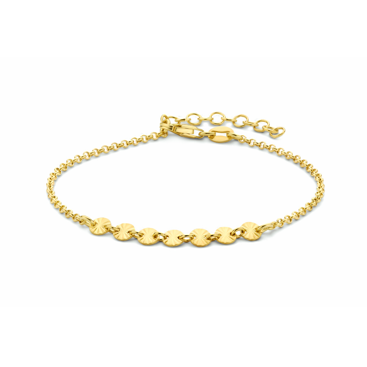 Geelgoud op 925 zilveren armband uitgevoerd met rondjes van 4.2mm en een karabijn sluiting. De armband heeft een draaglengte van 16cm en een extensie van 3cm. Geen garantie op plating.