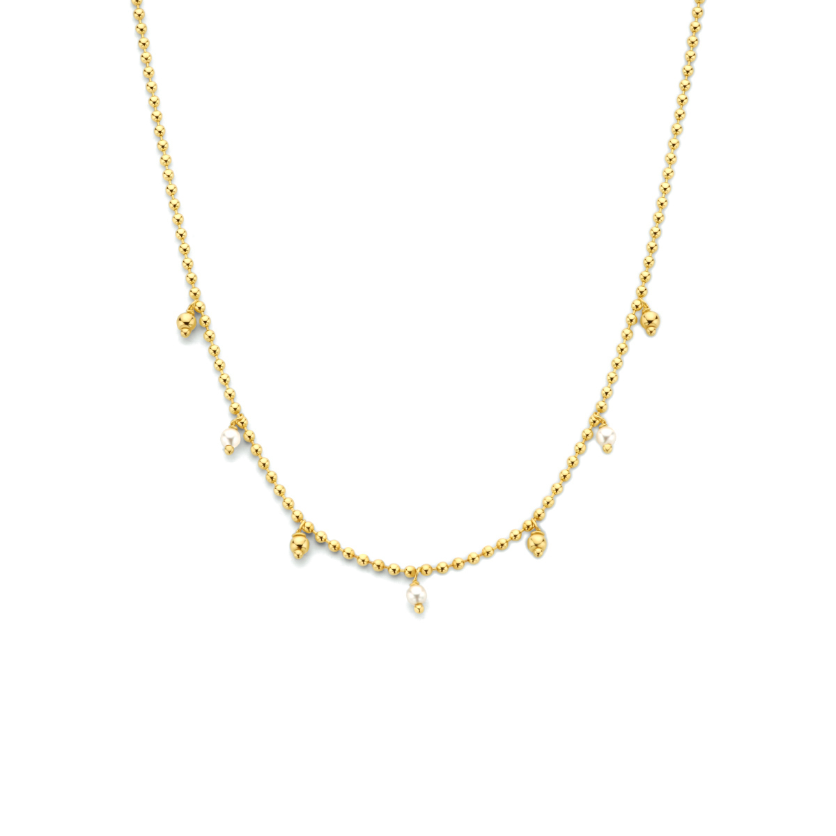Geelgoud op 925 zilveren collier uitgevoerd met bolletjes, zoetwaterparels en een karabijn sluiting. Het collier heeft een draaglengte van 40cm en een extensie van 4cm.
