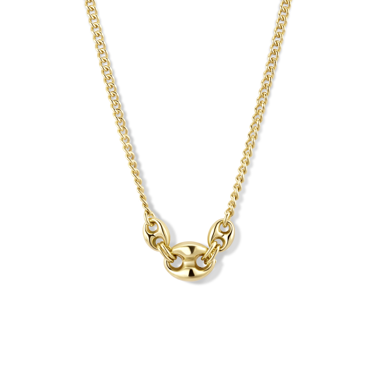 Geelgoud op 925 zilveren collier met gourmette schakel van 3mm en een karabijn sluiting. Het collier heeft een draaglengte van 42cm met een extensie van 3cm. Geen garantie op plating.