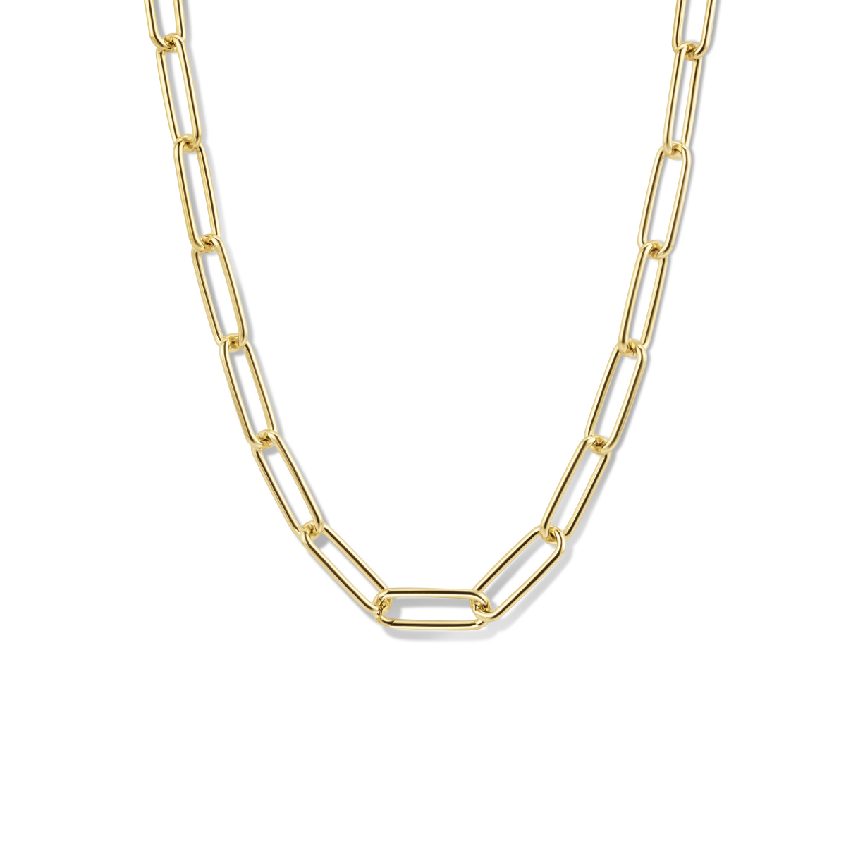 Geelgoud op 925 zilveren paperclip collier met een schakelbreedte van 5mm. Het collier heeft een draaglengte van 45cm en een veerslot. Geen garantie op plating.