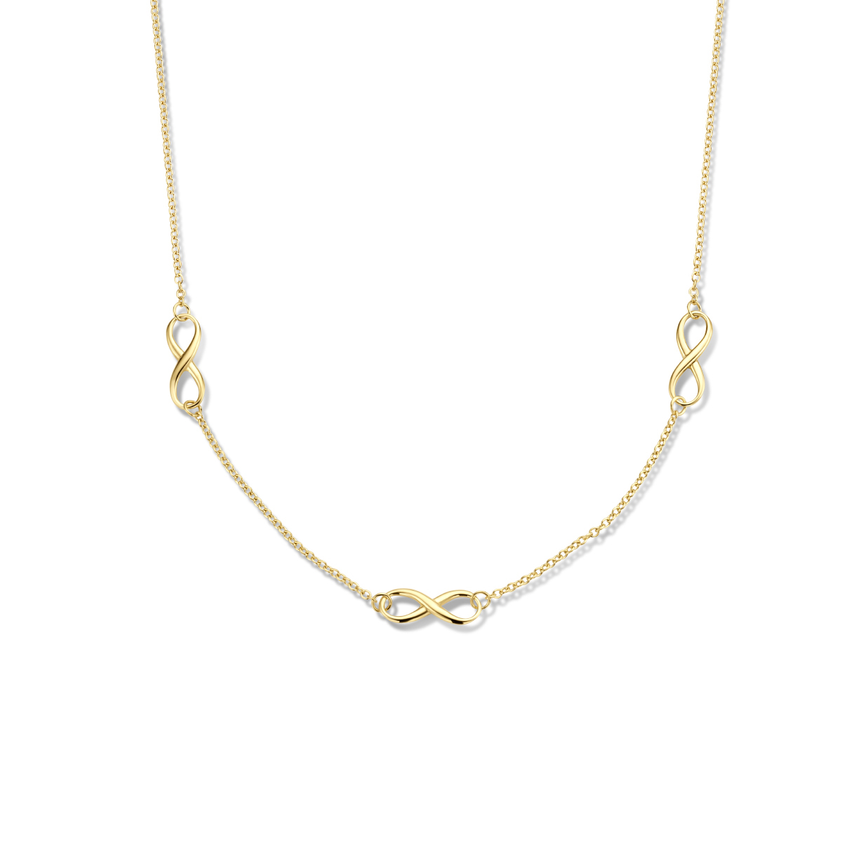 Geelgoud op 925 zilveren collier uitgevoerd met infinity tekens. Het collier heeft een schakelbreedte van 1.5mm en een draaglengte van 42cm met een extensie van 3cm. Uitgevoerd met een karabijn sluiting. Geen garantie op plating.