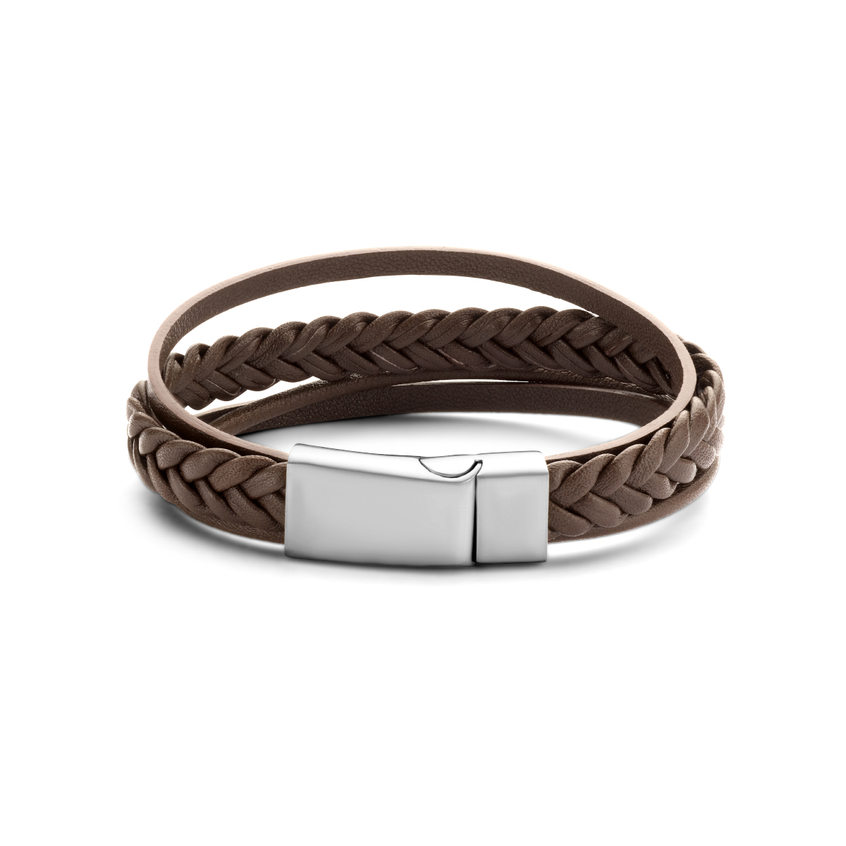 Stalen bruin leren armband uitgevoerd met een stalen magneetsluiting. De armband heeft een breedte van 12mm.