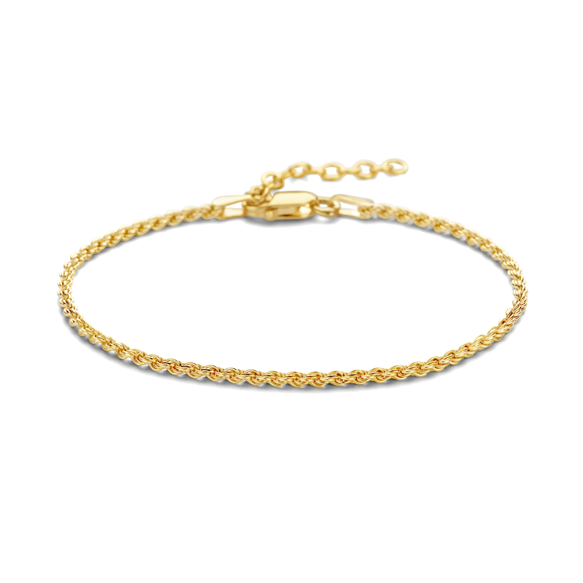 Geelgoud op 925 zilveren koord armband uitgevoerd met een karabijn sluiting. De armband heeft een draaglengte van 16cm en een extensie van 3cm. Geen garantie op plating.