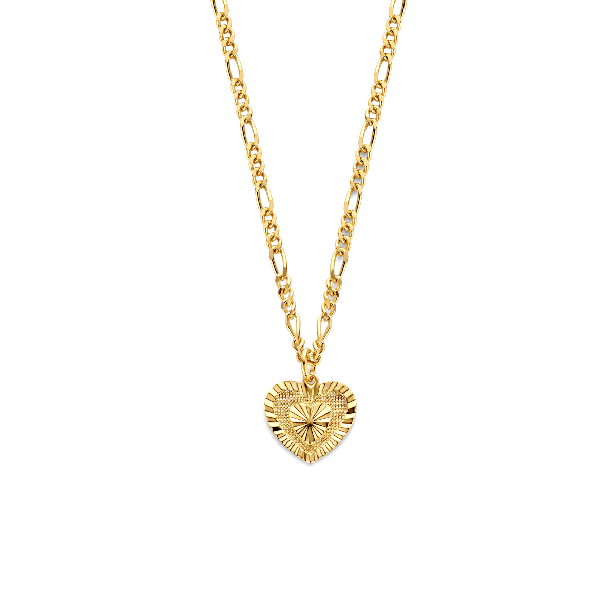 Geelgoud op 925 zilveren collier uitgevoerd met een hanger in de vorm van een hartje en een karabijn sluiting. Het collier heeft een draaglengte van 42cm met een extensie van 3cm. Geen garantie op plating.