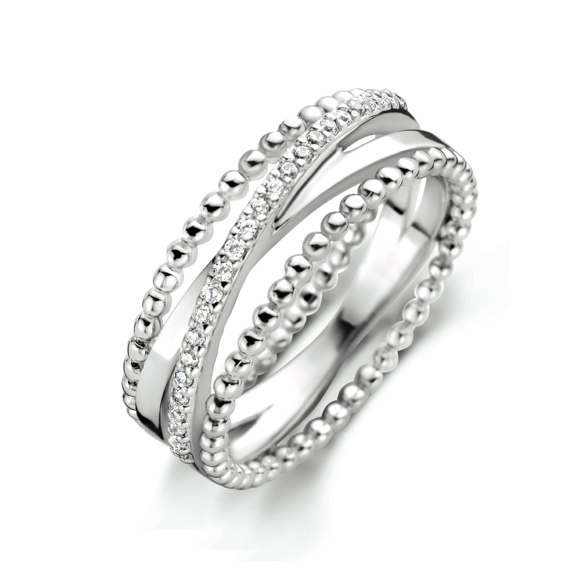 Gerhodineerd 925 zilveren ring uitgevoerd met bolletjes en zirkonia. De ring heeft een breedte van 7mm.