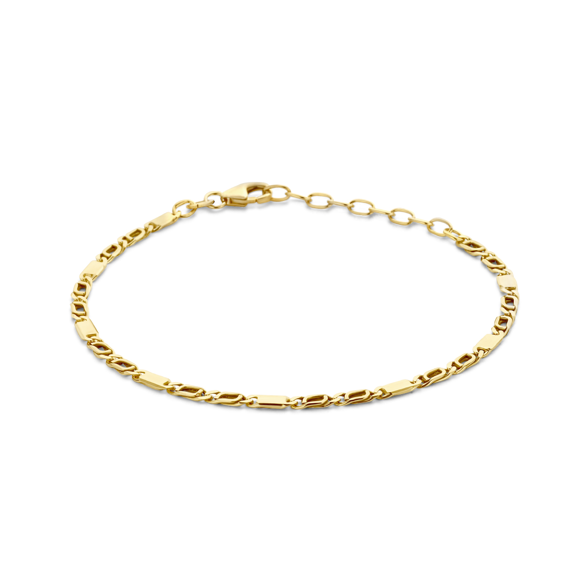Geelgoud op 925 zilveren valkenoog armband met een schakelbreedte van 2.7mm en een karabijn sluiting. De armband heeft een draaglengte van 16cm met extensie van 3cm. Geen garantie op plating.