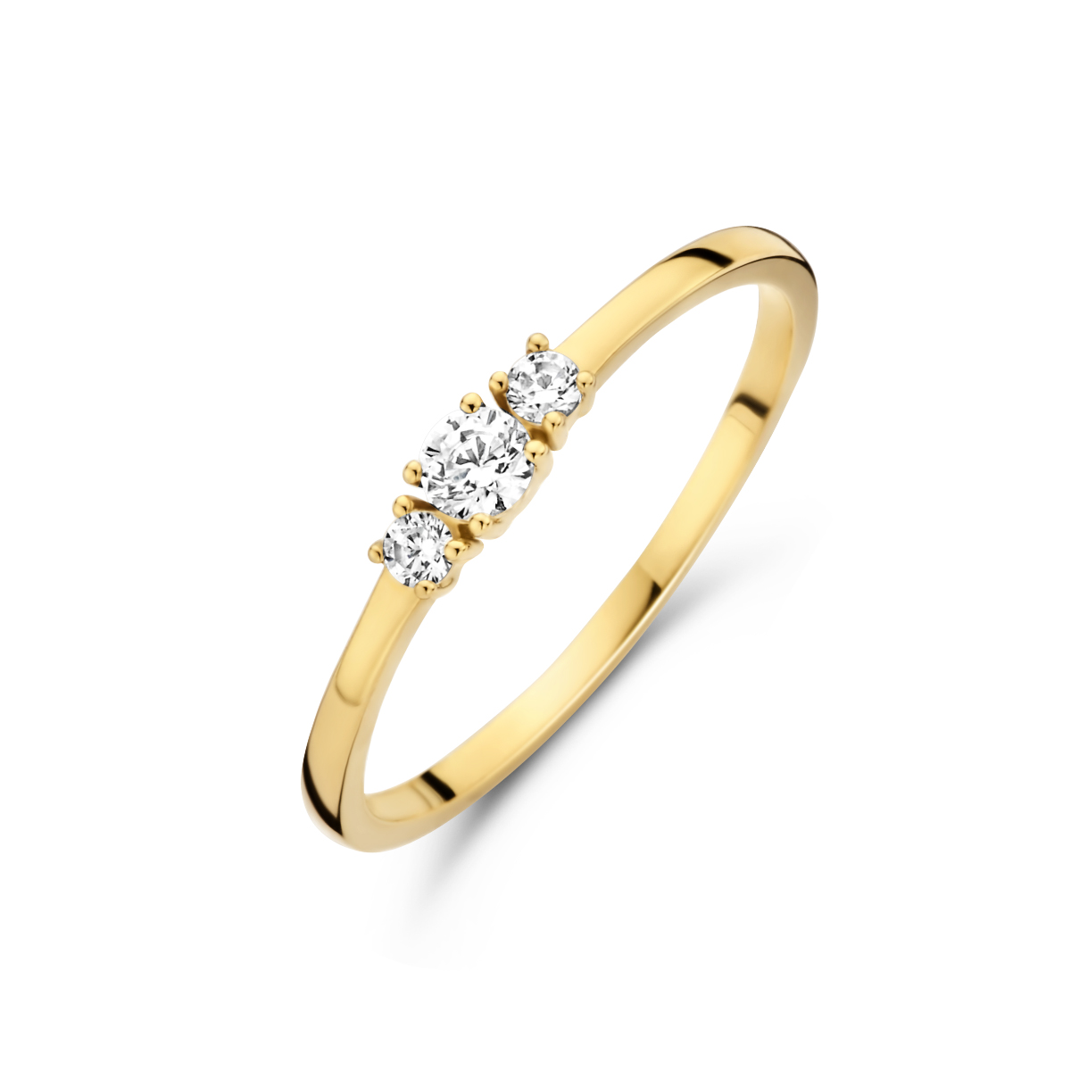 14 Karaat gouden fantasie damesring met 3 zirkonia's in chaton gezet 