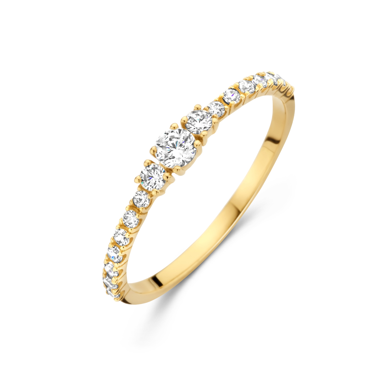 Geelgouden ring uitgevoerd met een schitterende zirkonia rij. De ring heeft een breedte van 3mm.