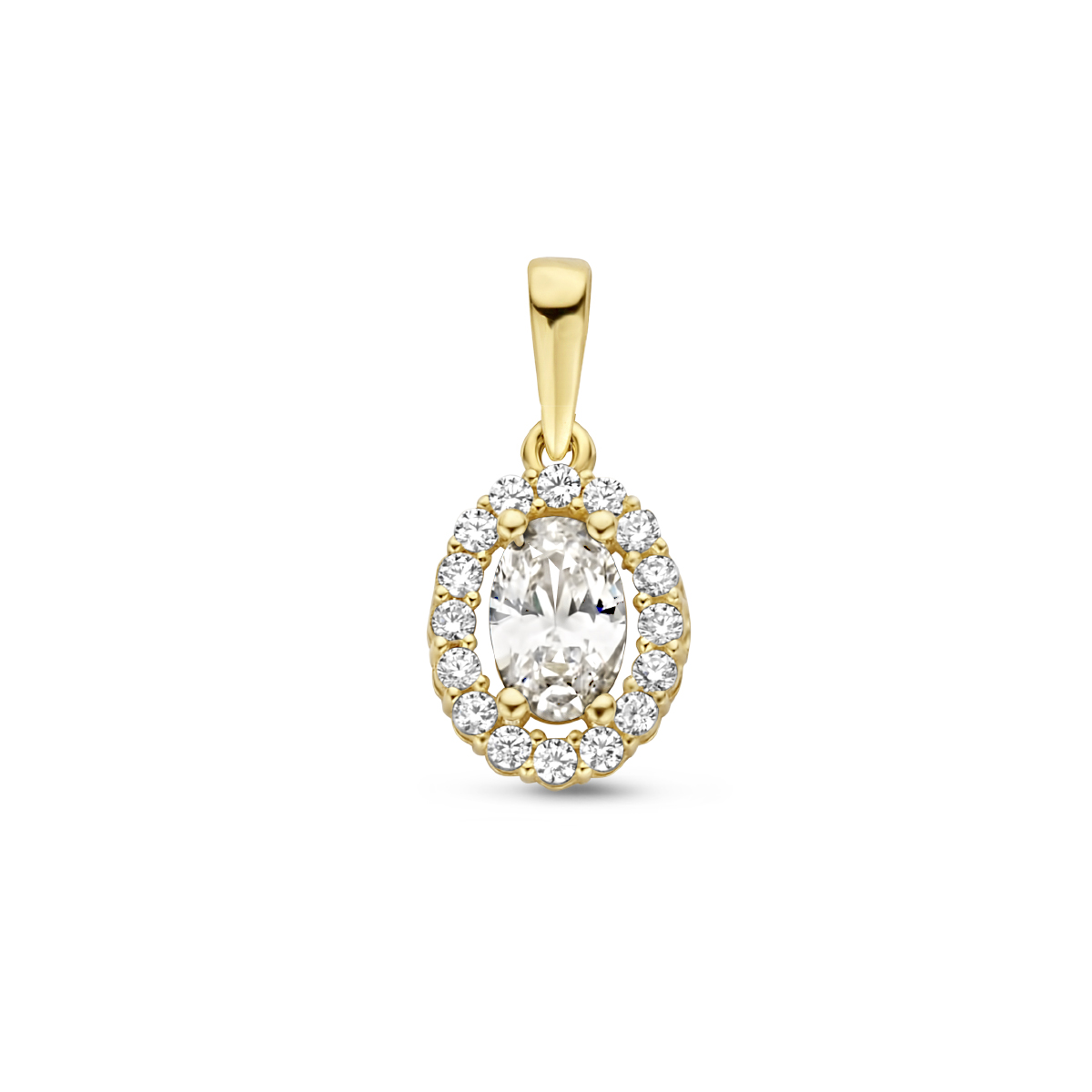 14k Geelgouden hanger met zirkonia. De hanger heeft een totale hoogte van 1.6cm en een breedte van 8mm.