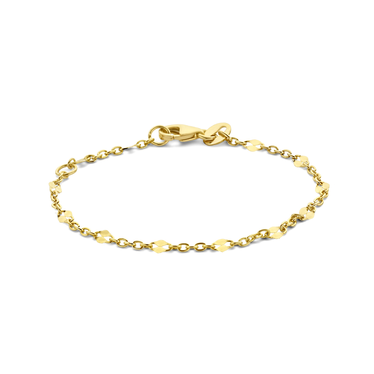14k Geelgouden armband met een schakelbreedte van 2.4mm en een karabijn sluiting. De armband heeft draaglengtes van 11 en 13cm.