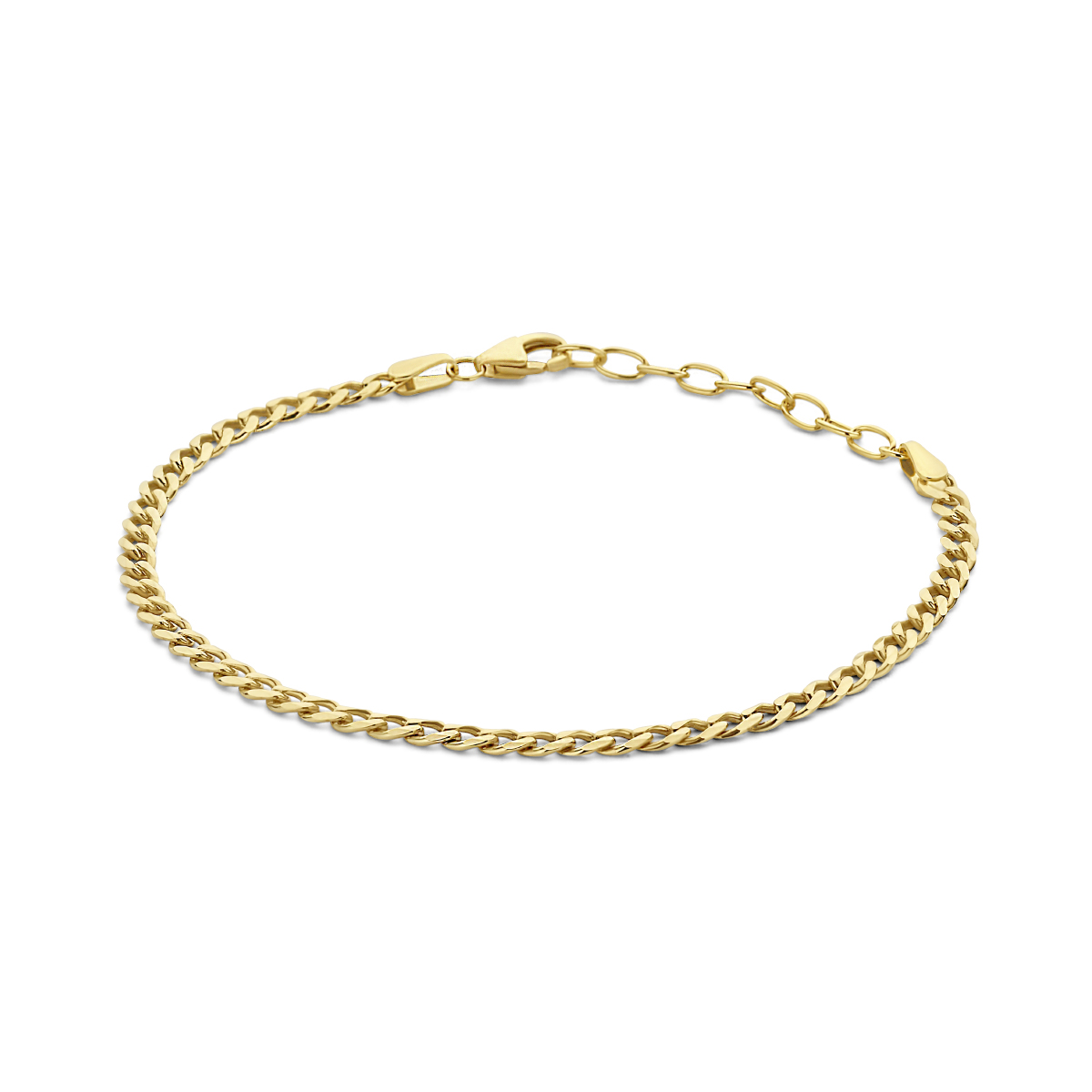 Geelgoud op 925 zilveren gourmette armband met een schakelbreedte van 3mm en een karabijn sluiting. De armband heeft een draaglengte van 16cm met extensie van 3cm. Geen garantie op plating.