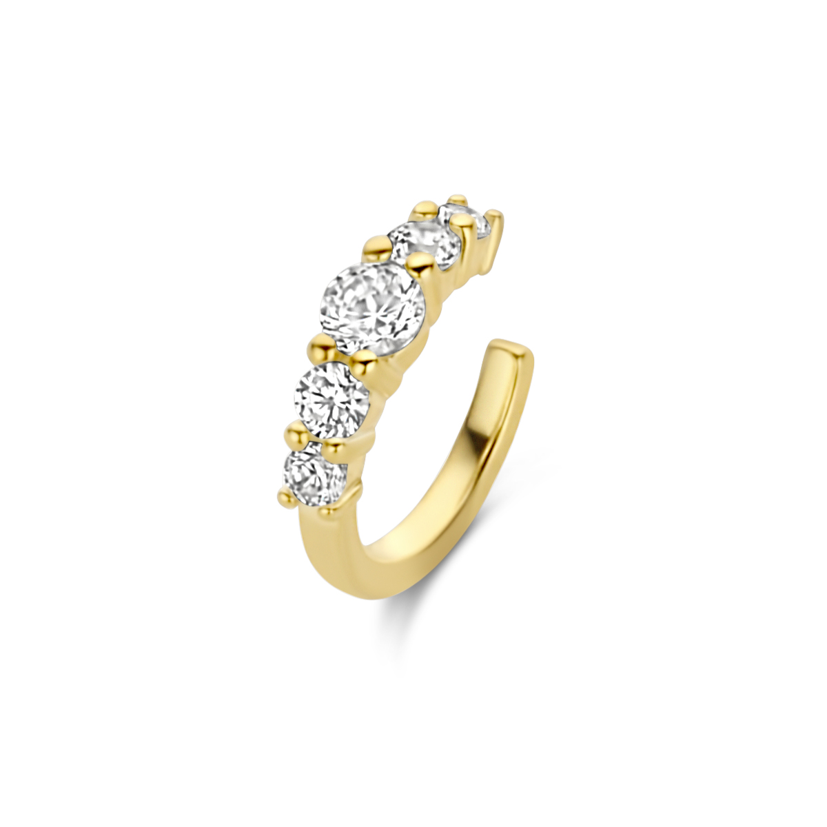 Geelgoud op 925 zilveren earcuff met een zirkonia rij. De earcuff heeft een afmeting van 12.5x3mm en wordt per stuk verkocht. Geen garantie op plating.