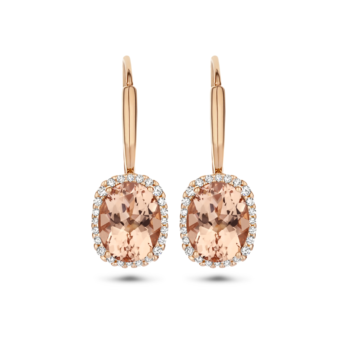 14k Rosegouden oorhangers uitgevoerd met een diamant rij en een schiterende morganiet steen van 9x7mm.