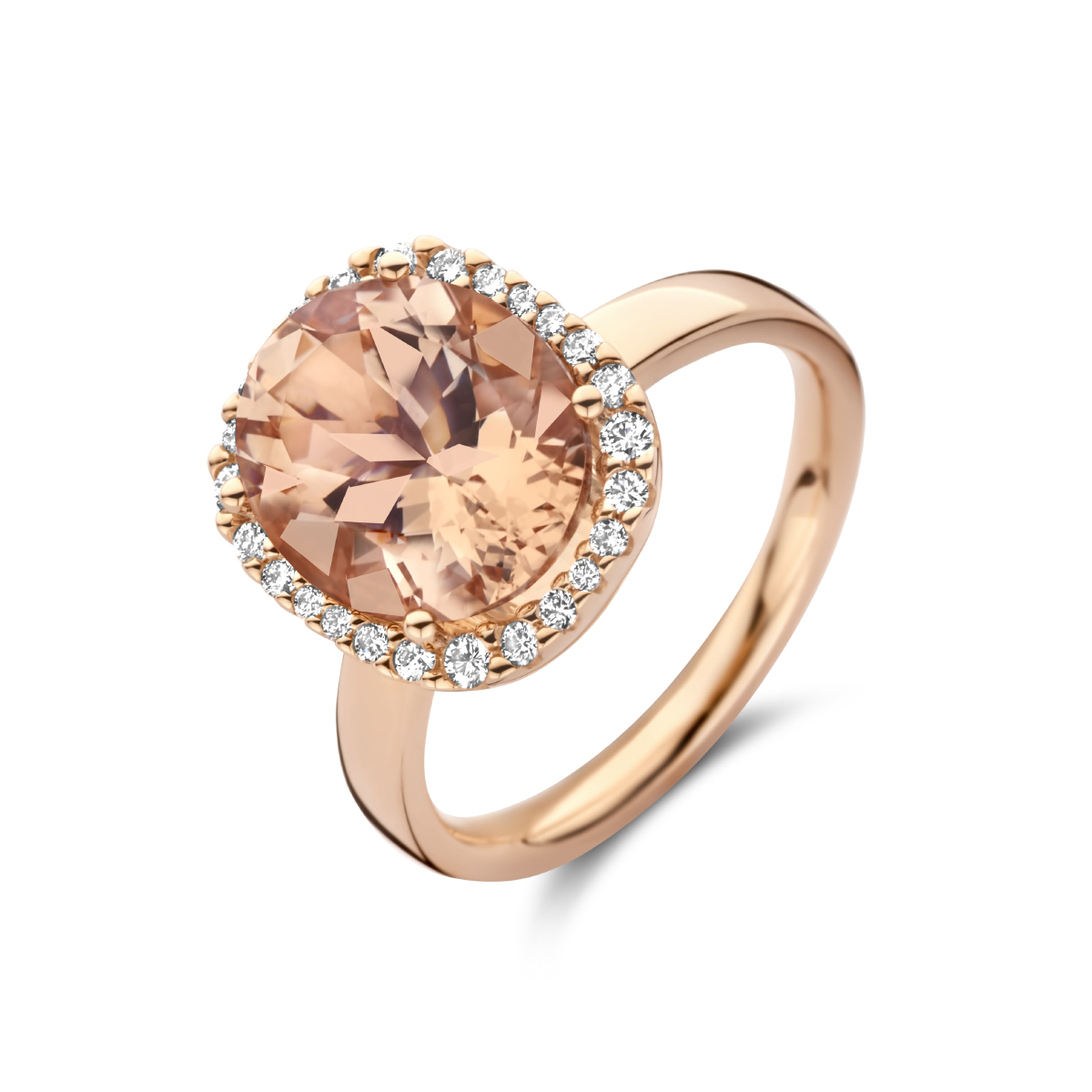 14k Rosegouden ring uitgevoerd met een diamant rij en een schitterende morganiet steen van 12x10mm. De ring heeft een breedte van 14mm.