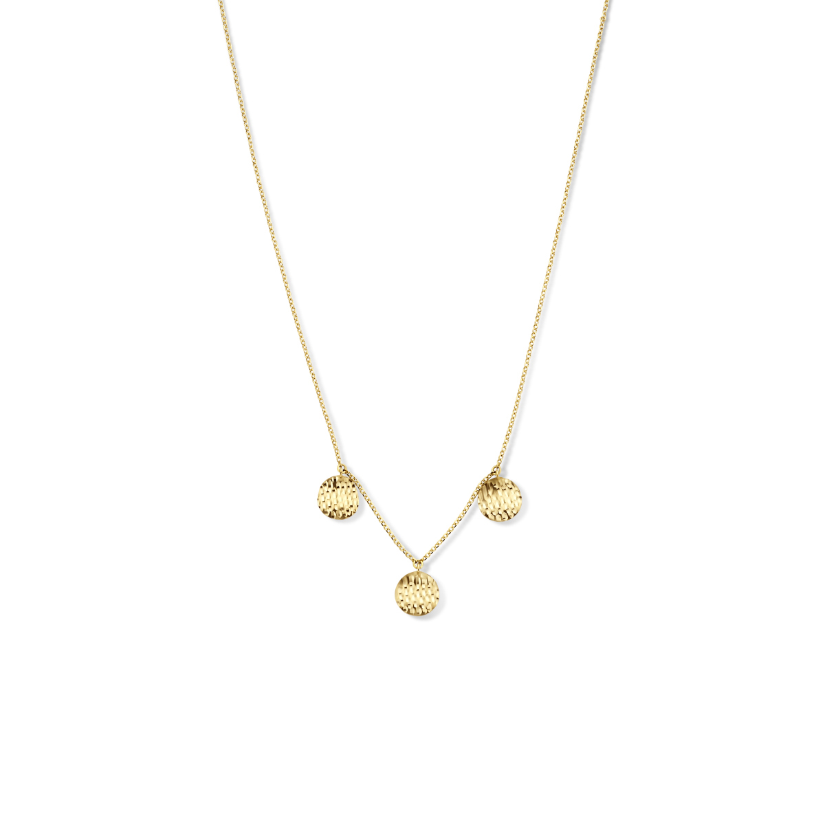 14kt. Geelgouden collier uitgevoerd met 3 rondjes en een karabijn sluiting. Het collier heeft draaglengtes van 42 en 45cm.