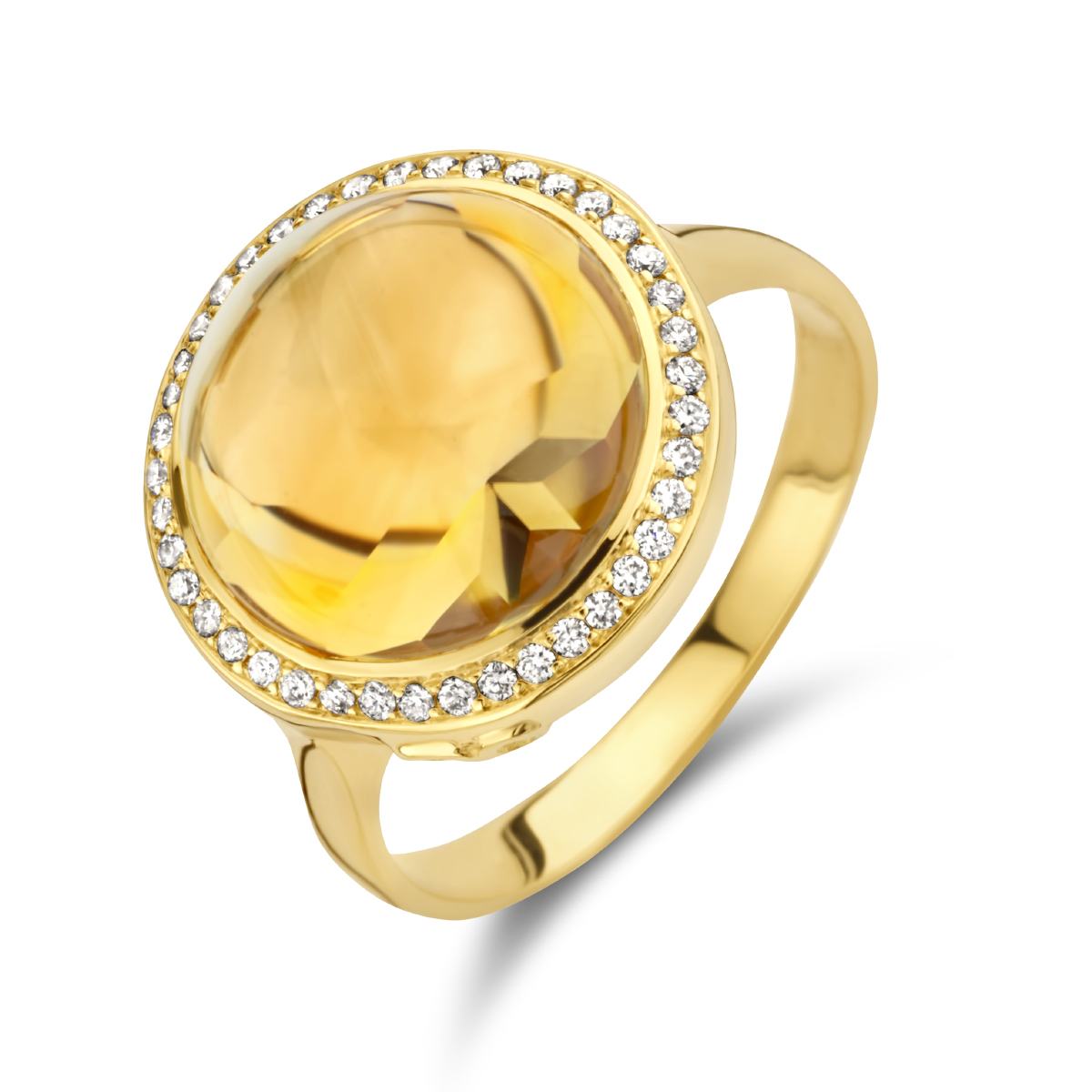 14k Geelgouden ring uitgevoerd met een schitterende citrien en een diamant rij.