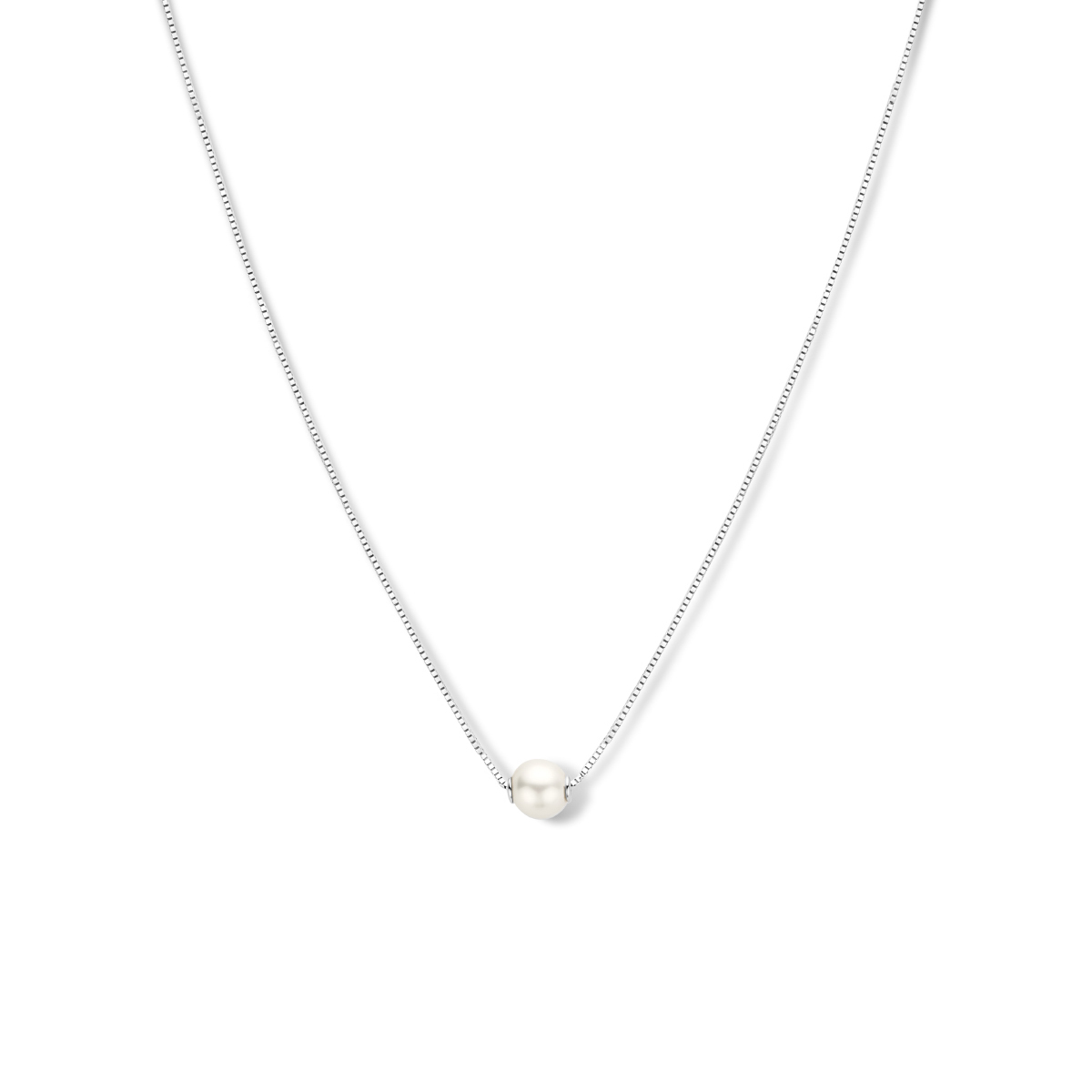 14k Witgouden collier uitgevoerd met een schitterende zoetwaterparel. Het collier heeft draaglengtes van 42 en 45cm. De parel heeft een diameter van 5mm.