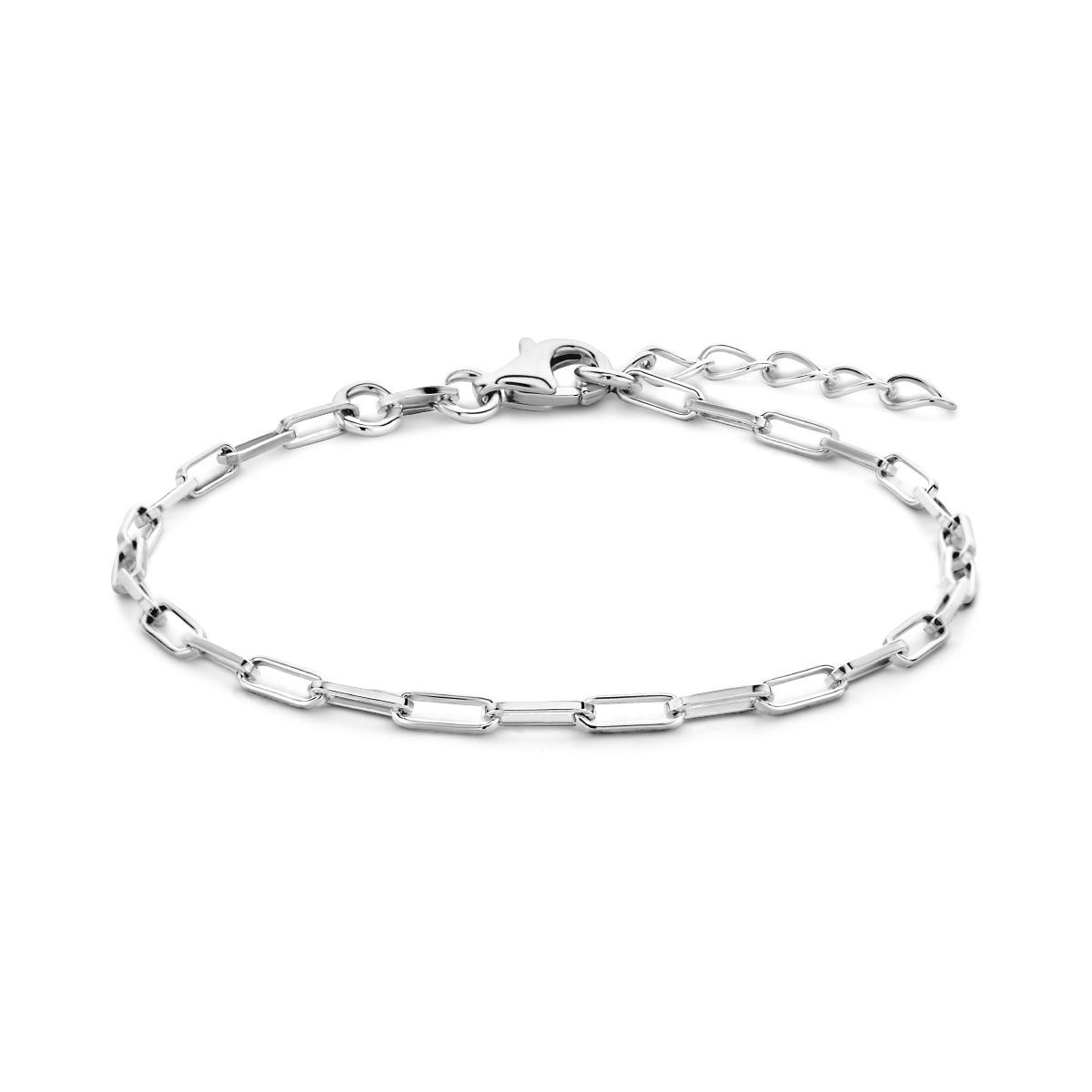 Gerhodineerd 925 zilveren paperclip armband uitgevoerd met een karabijn sluiting. De armband heeft een draaglengte van 15.5cm en een extensie van 2.5cm.