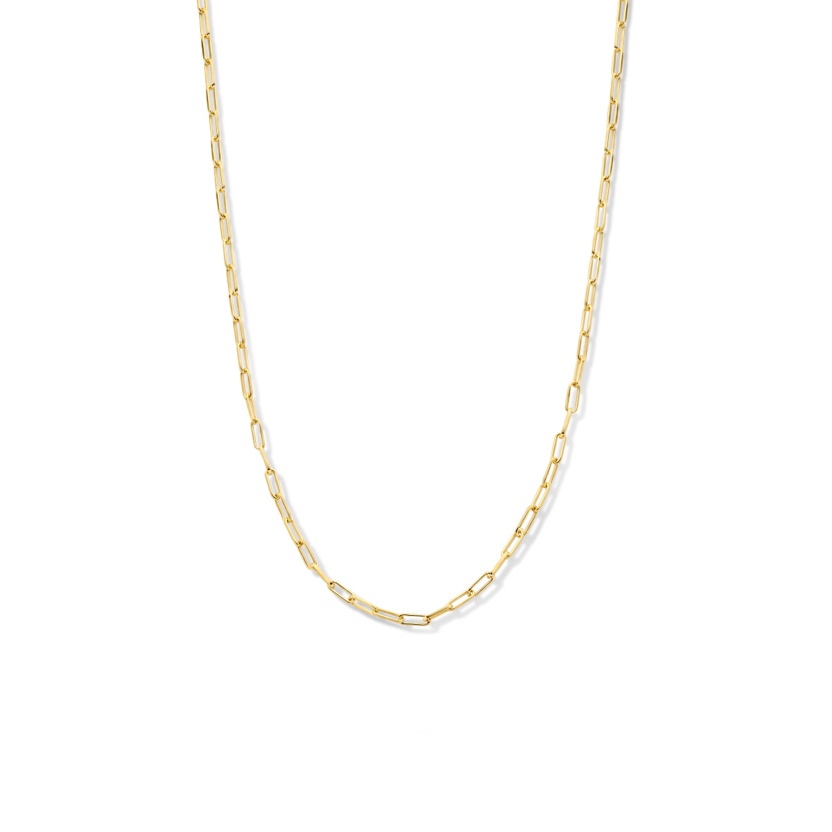 Geelgoud op 925 zilveren paperclip collier uitgevoerd met een karabijn sluiting. Het collier heeft een draaglengte van 41cm en een extensie van 4cm. Geen garantie op plating.
