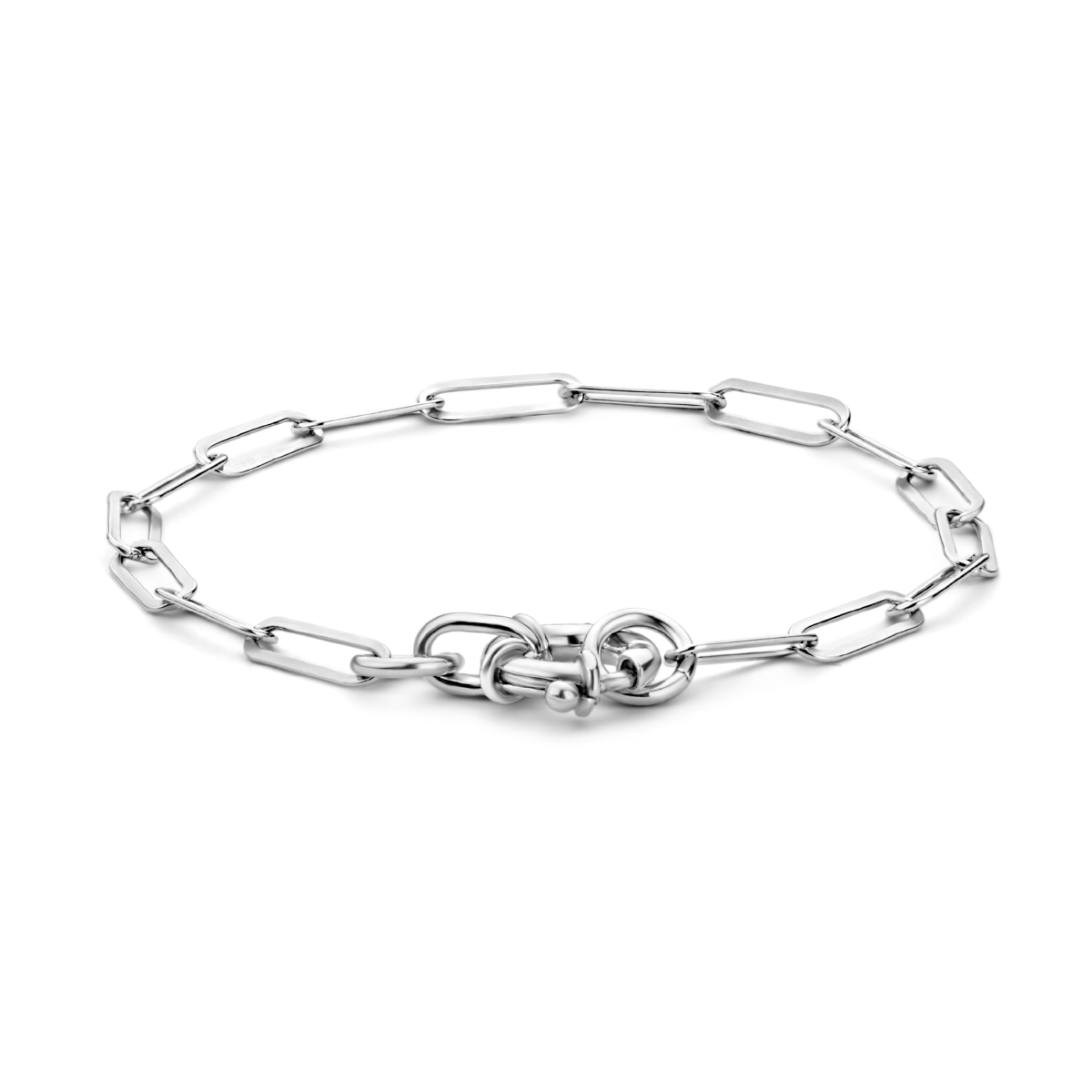 Gerhodineerd 925 zilveren paperclip armband met een schakelbreedte van 3.8mm. De armband heeft een draaglengte van 17cm en is uitgevoerd met een veerslot.