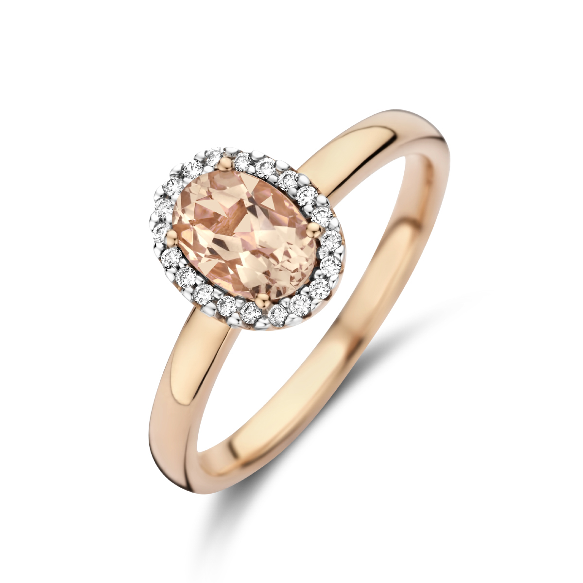 14k Rosegouden ring uitgevoerd met een schitterende diamant rij. De morganiet heeft een steengewicht van 0.80ct.
