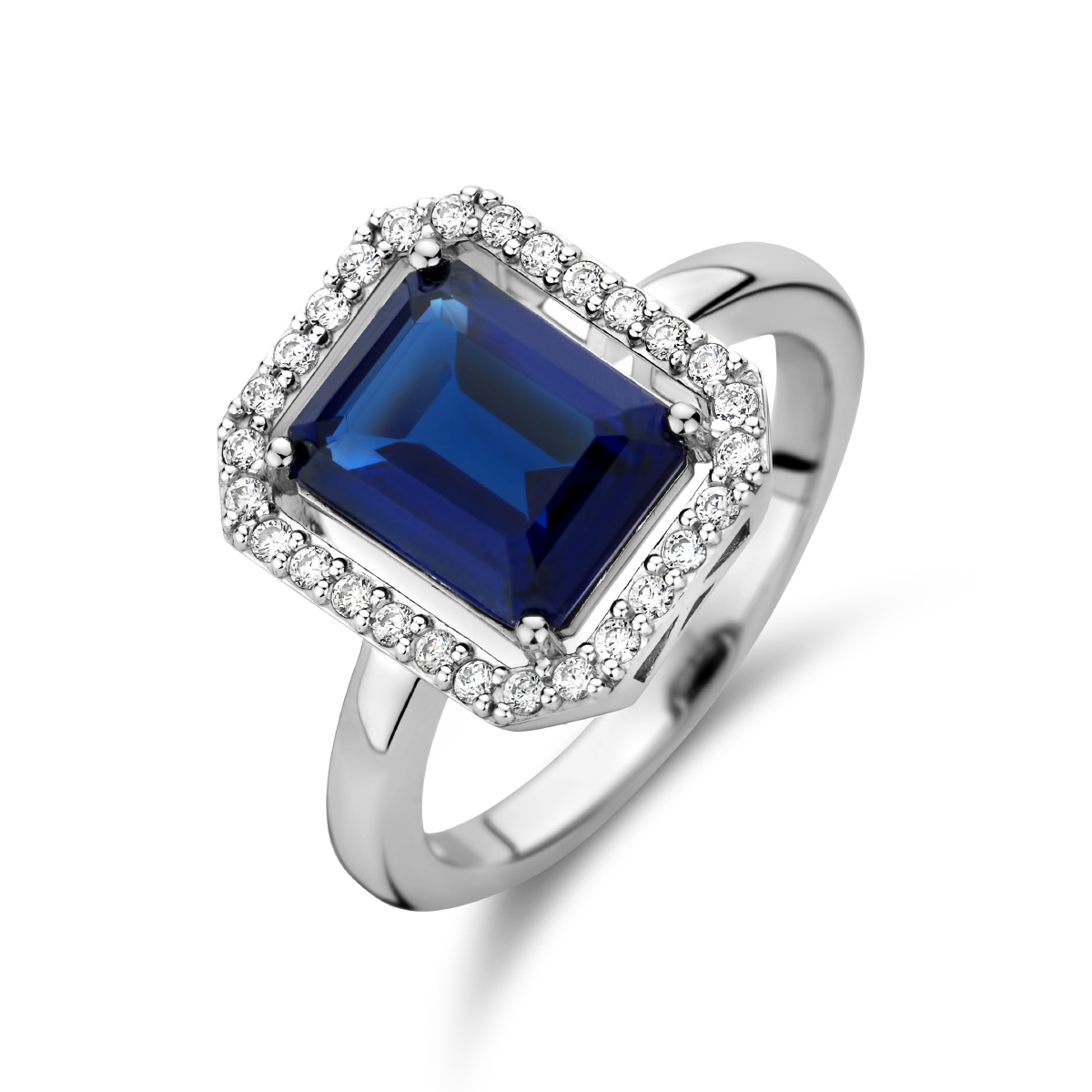 Gerhodineerd 925 zilveren ring uitgevoerd met een synthetische saffier en zirkonia.&nbsp;