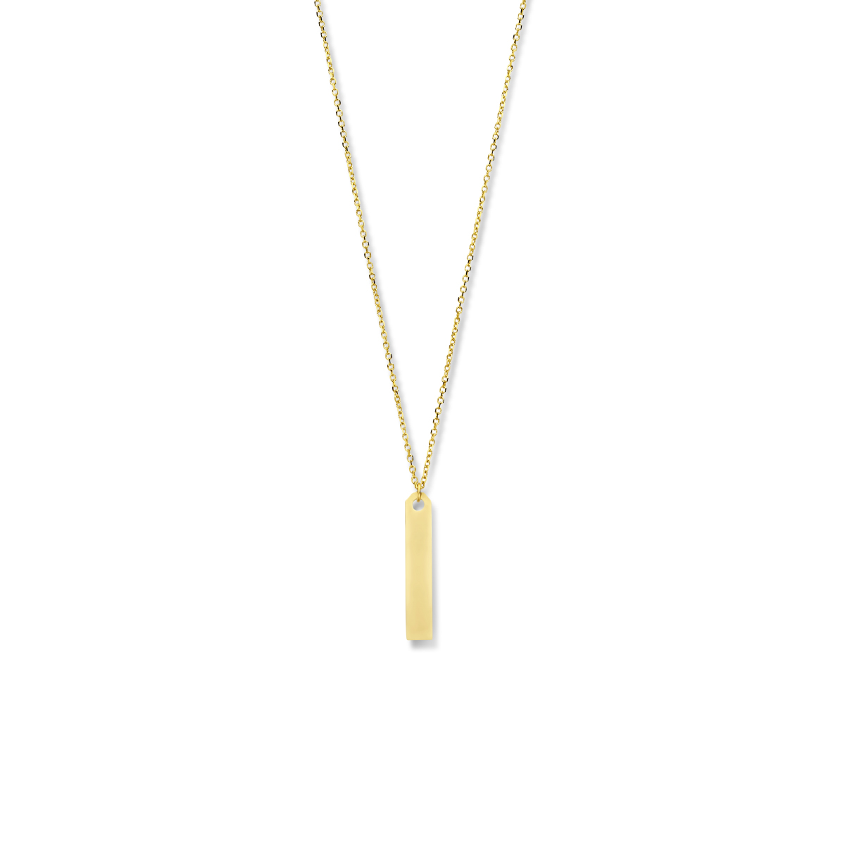 14k Geelgouden anker collier uitgevoerd met een graveerplaat van 4x22mm. Het collier heeft draaglengtes van 42 en 45cm.